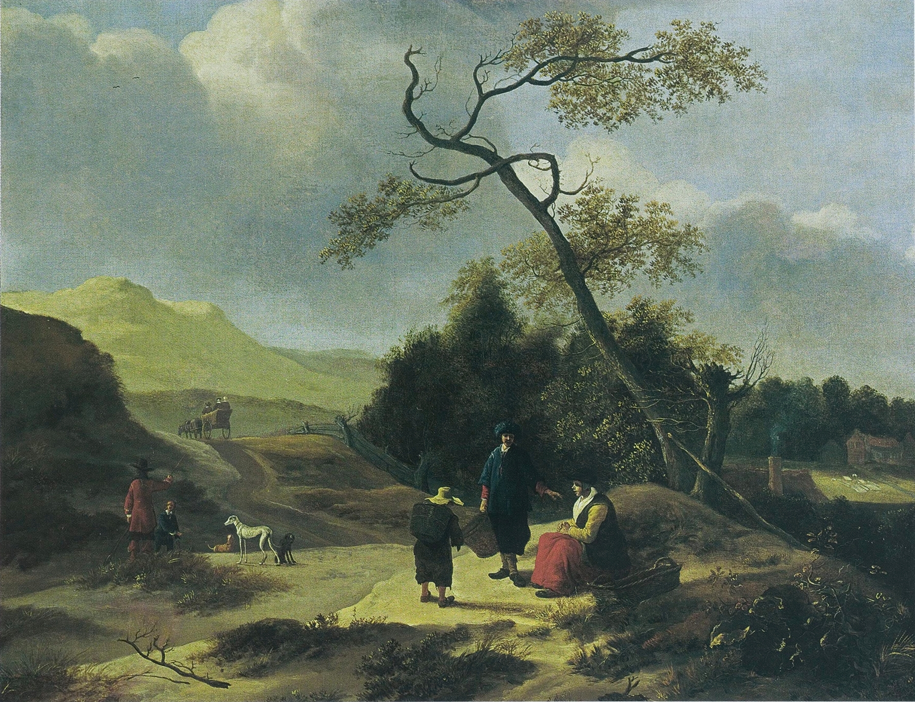 Genre scene with hunters and travelers in a landscape by Jan Baptist Wolfaerts, oil painting.