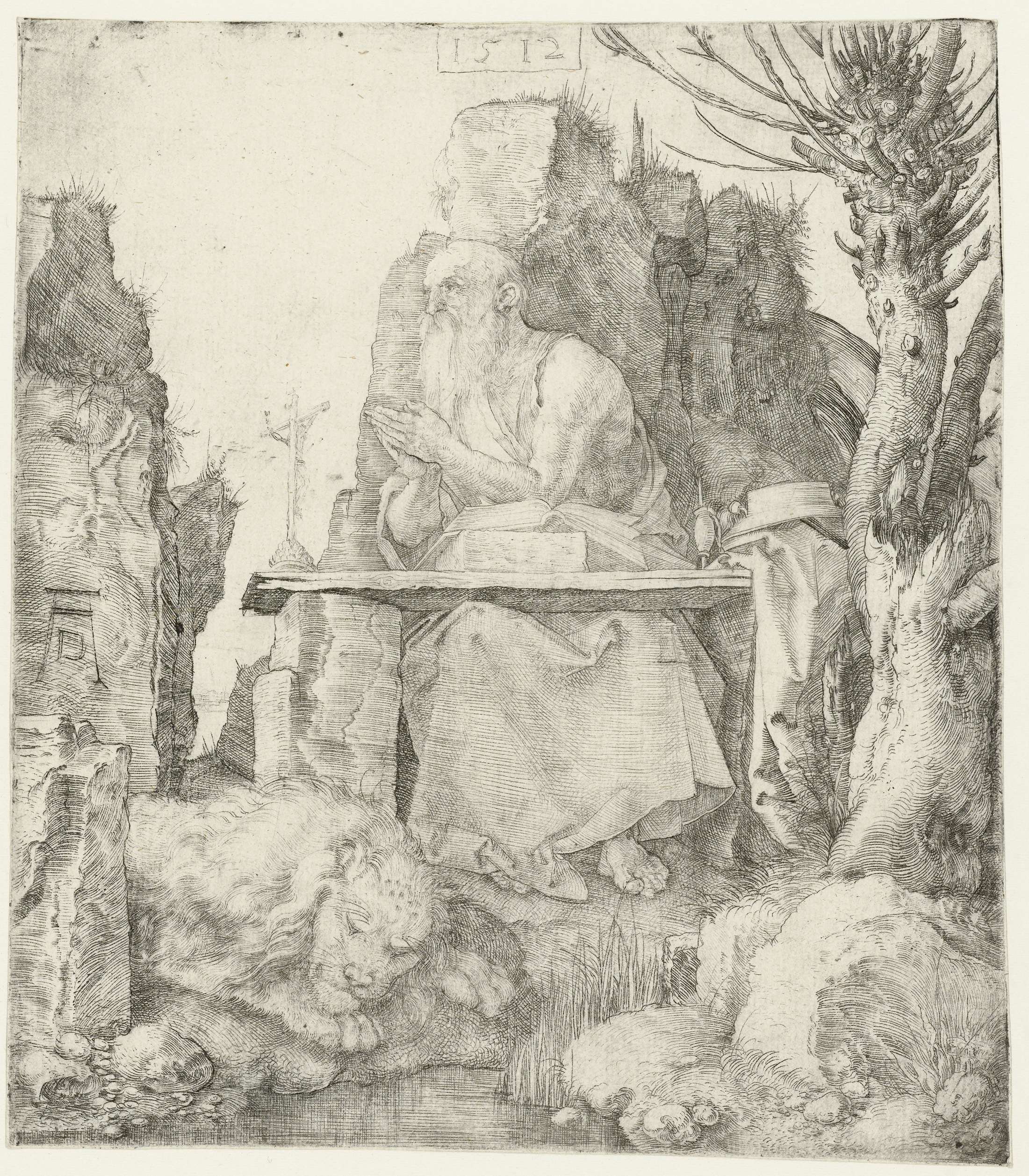 De Heilige Hiëronymus in de wildernis by Albrecht Dürer, drypoint, depicts Saint Jerome in a wilderness setting.