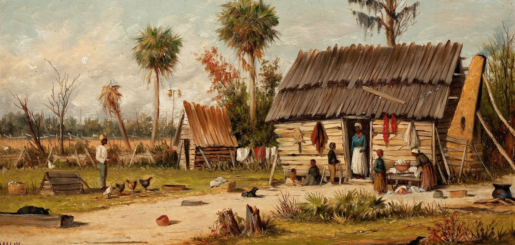 Cabin Scene by William Aiken Walker, realism, depicting a wooden cabin surrounded by lush forest