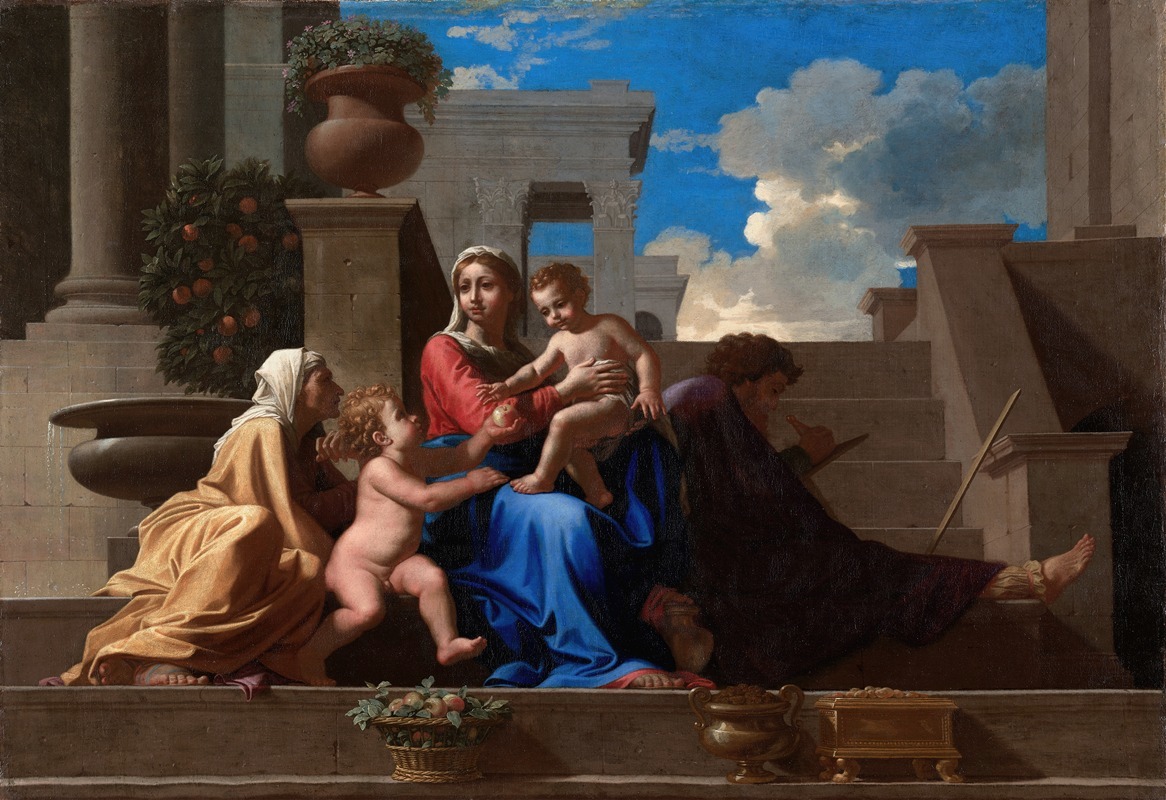 A depiction of the Holy Family on the steps, showcasing Poussin's Baroque style.