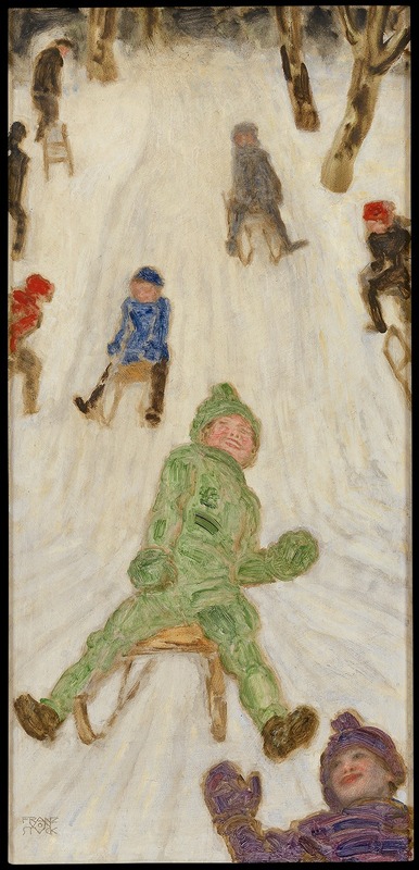 Children joyfully sledding in a snowy landscape.