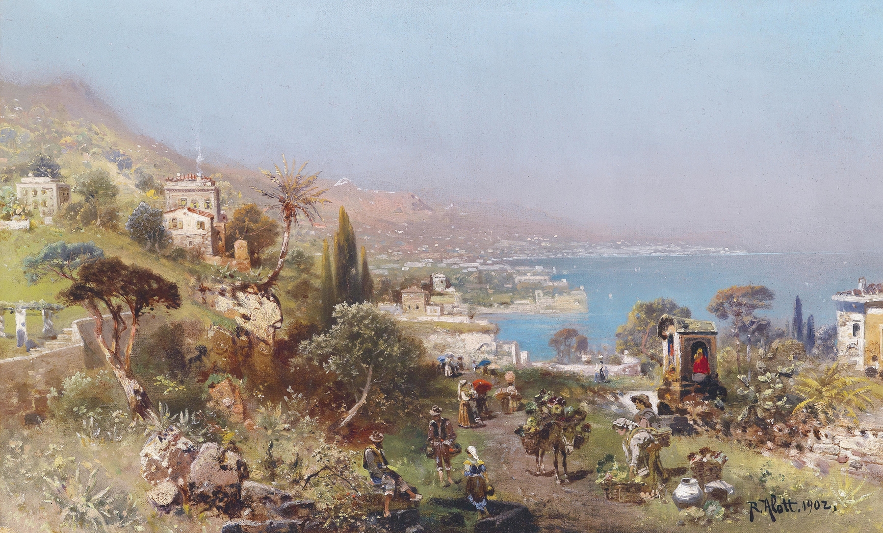 Genre scene depicting a southern harbor with merchants and sailors by Robert Alott, oil painting.