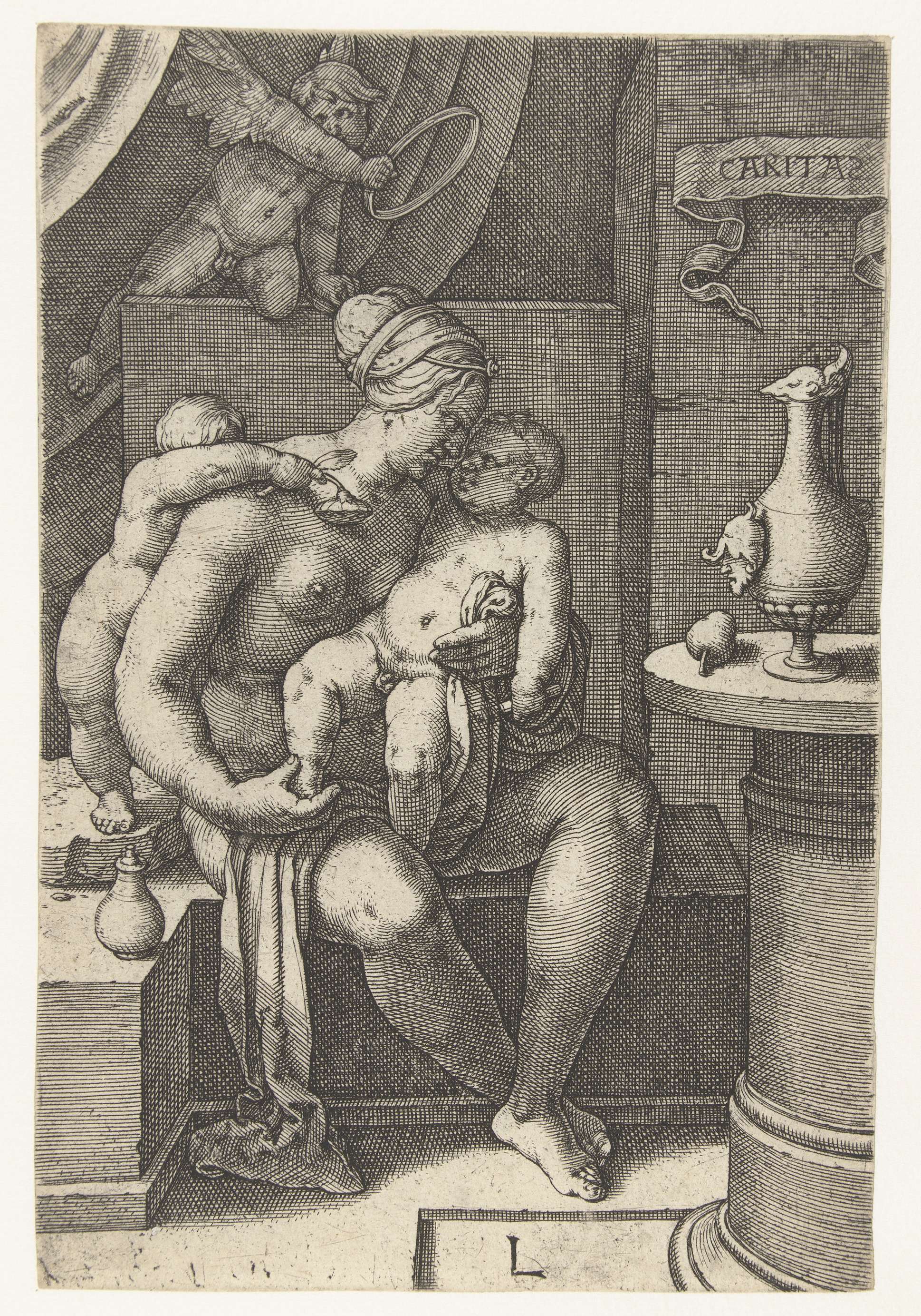 Liefde engraving by Lucas van Leyden depicting a male and female figure embracing.
