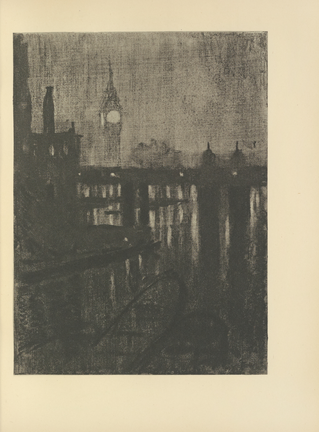 Clock tower at night, showcasing intricate details, by Joseph Pennell