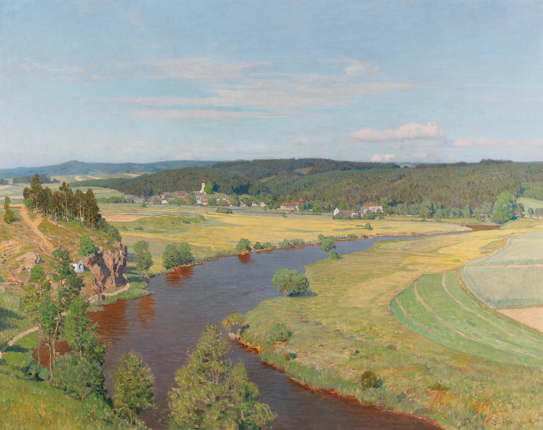 Landscape by Thomas Leitner, oil painting depicting the Thaya River with soft blue and green gradients.