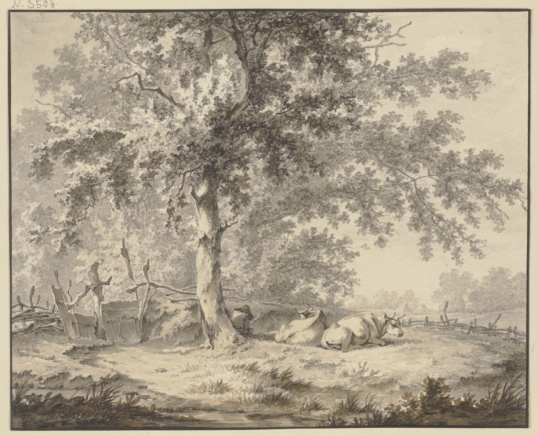 Unter einer Eiche an einem Zaun ein Hirte mit zwei Kühen, by Jan Hulswit, public domain