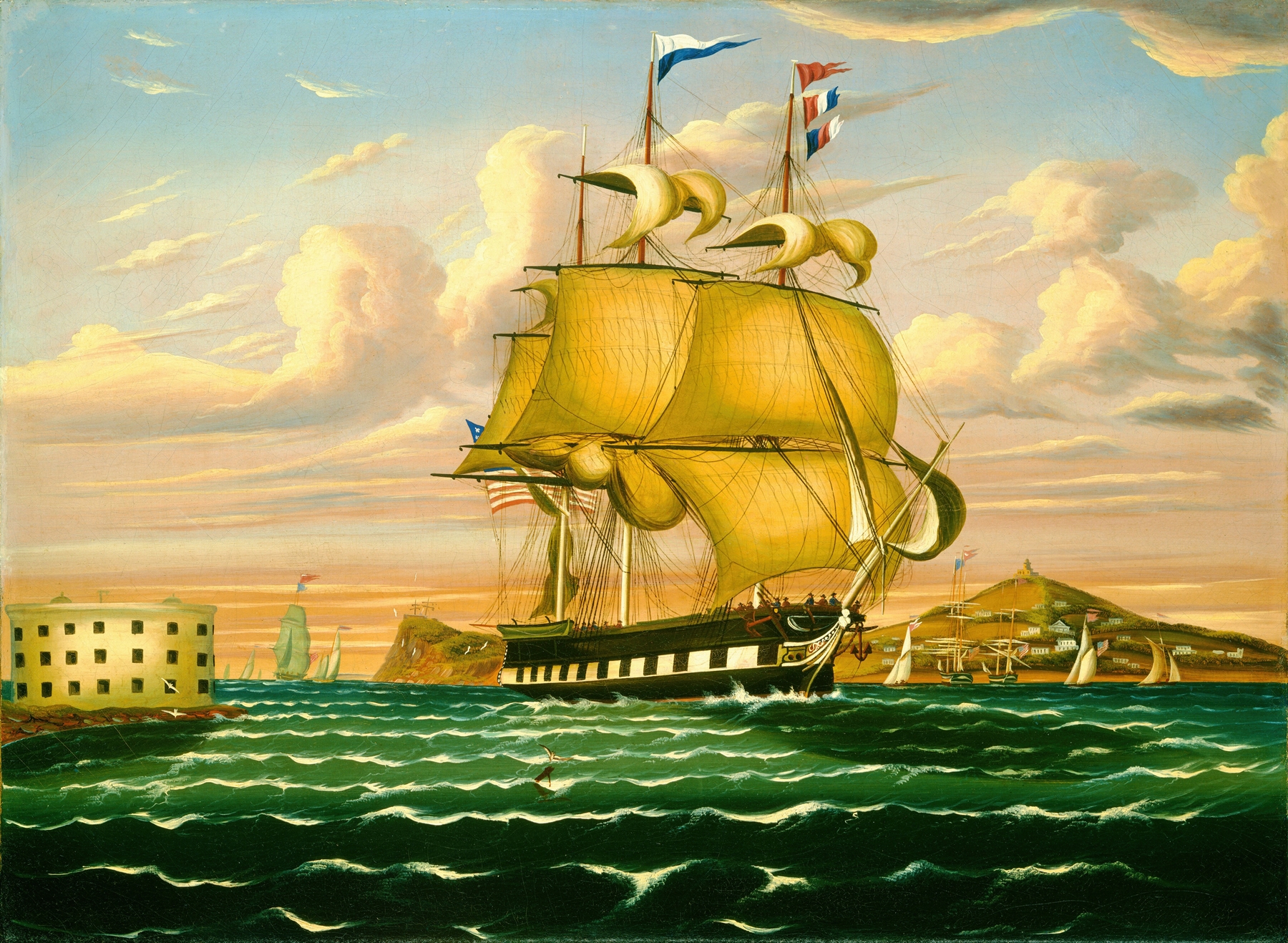 Packet Ship Passing Castle Williams, New York Harbor, by Thomas Chambers, public domain