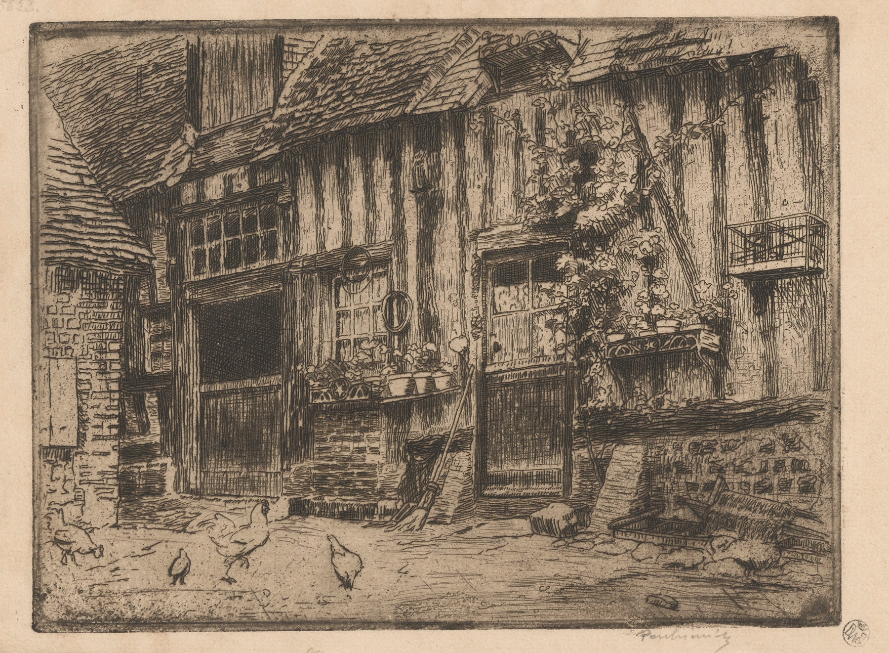 Yard in St. Valery-en-Caux, with hens, by Józef Pankiewicz, public domain