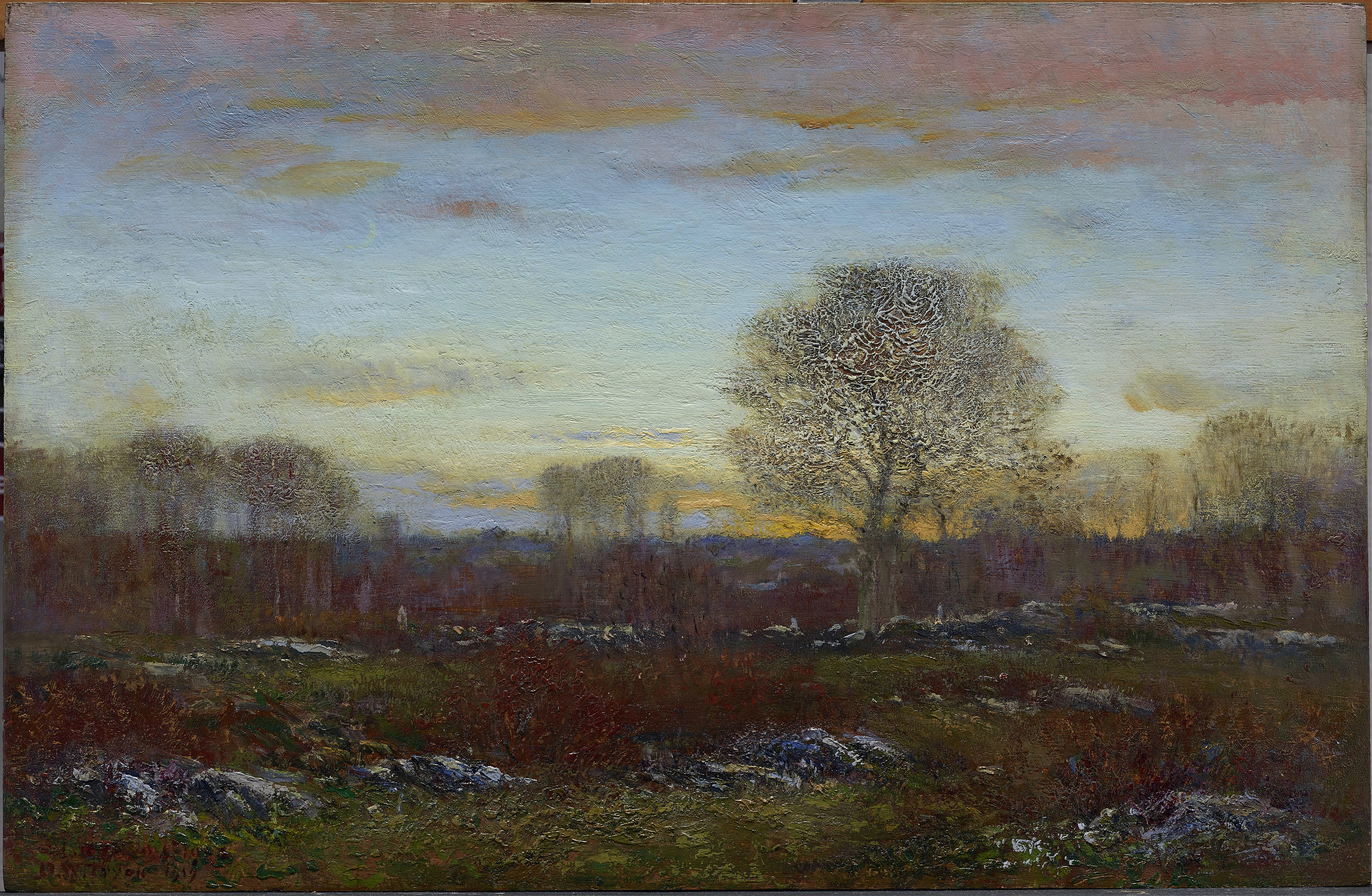 Twilight oil painting by Dwight William Tryon depicting a serene landscape at dusk.