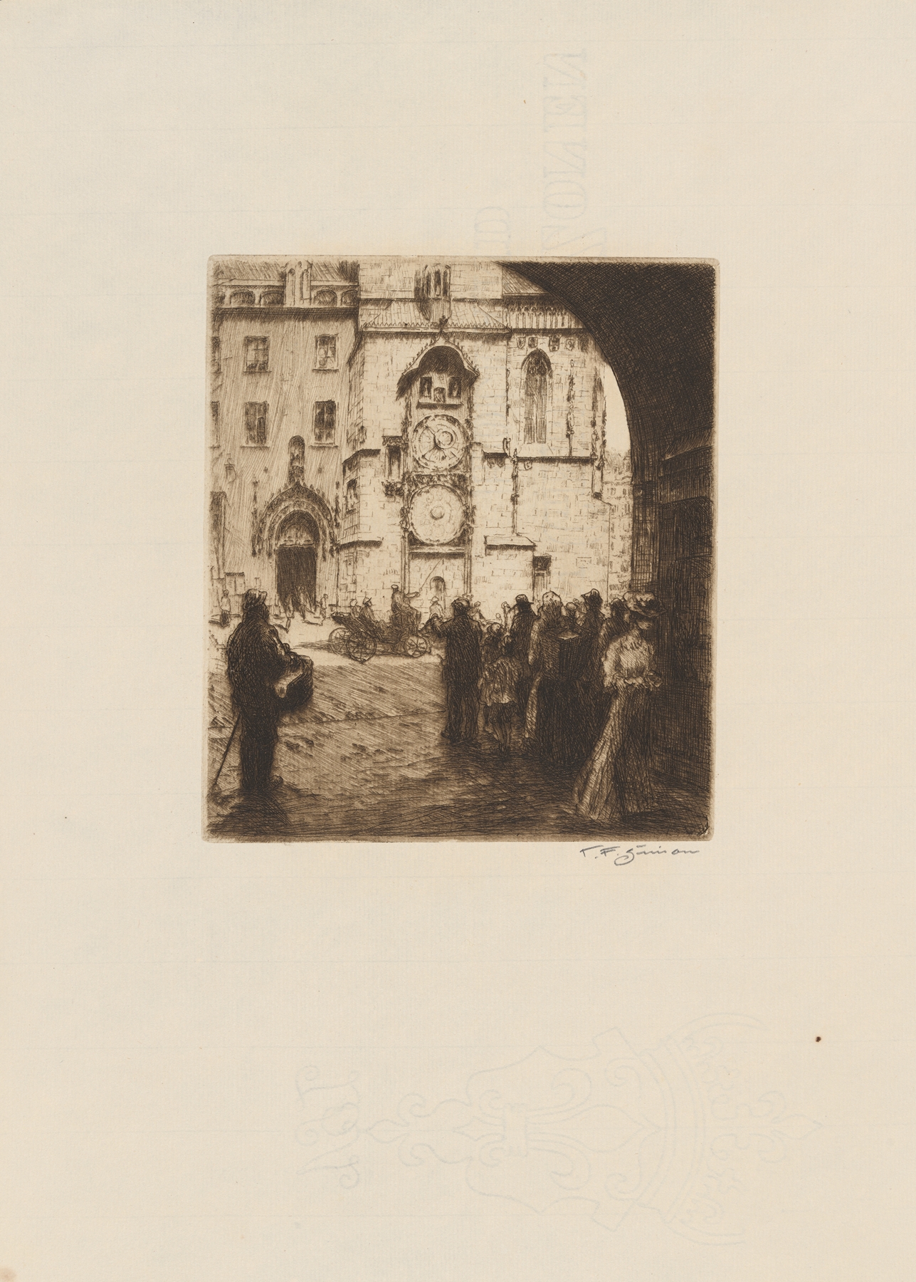 Oil on canvas by Tavík František Šimon depicting the Old Town Horologe in sunlight