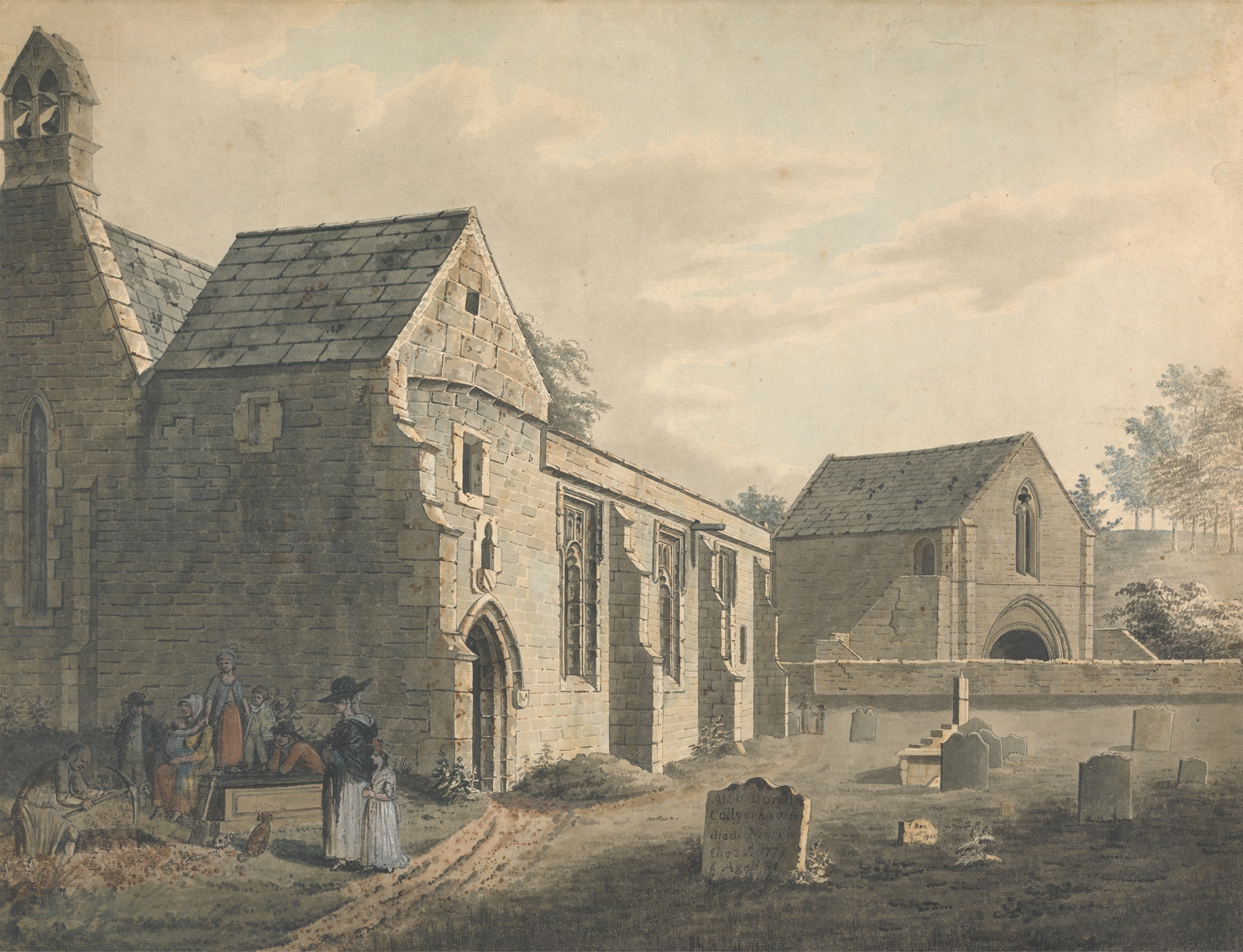 Figurative scene with figures among gravestones, oil painting by John Roe of Warwick