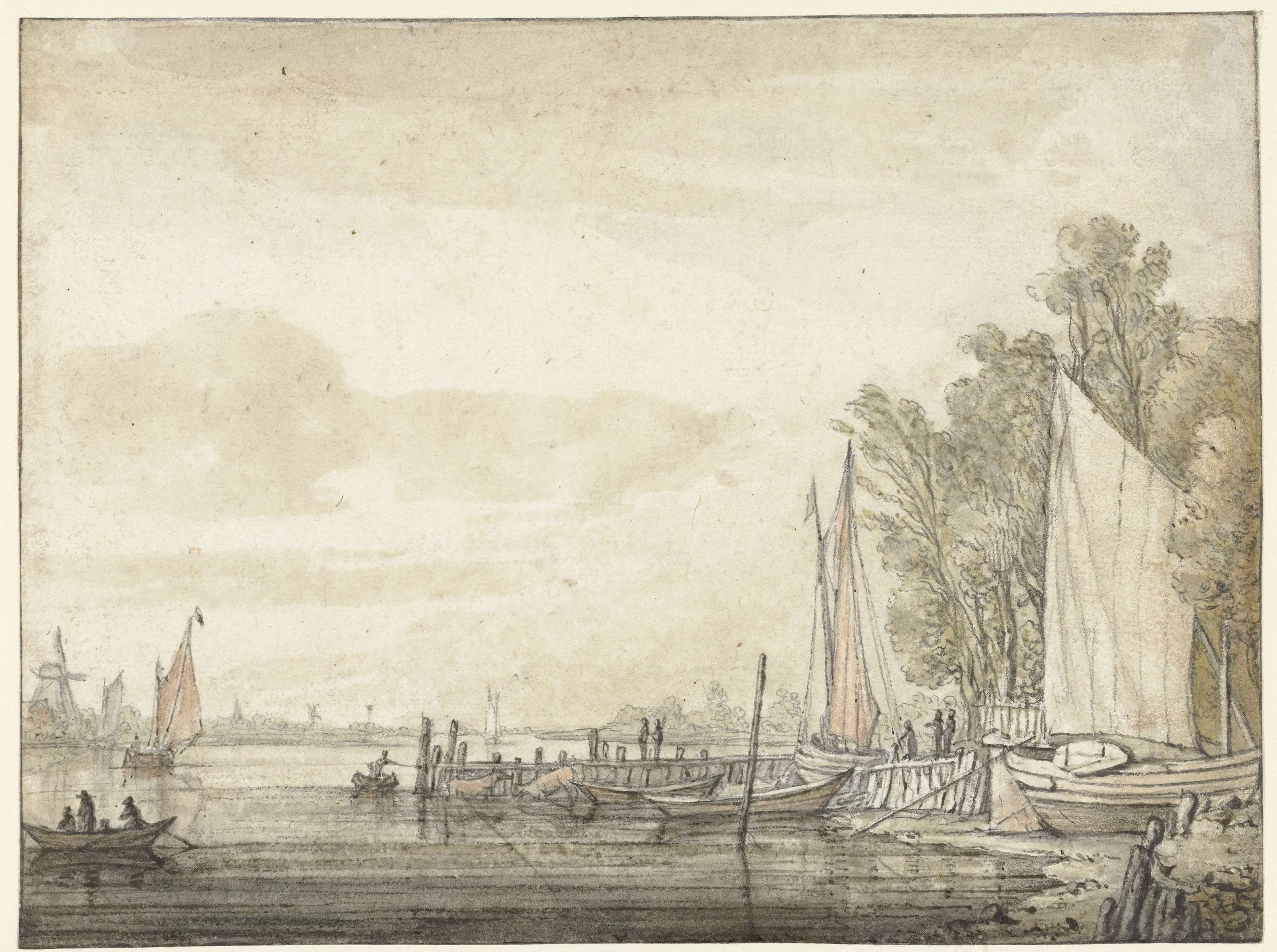 Boten bij een steiger in een rivier, by Aelbert Cuyp, public domain