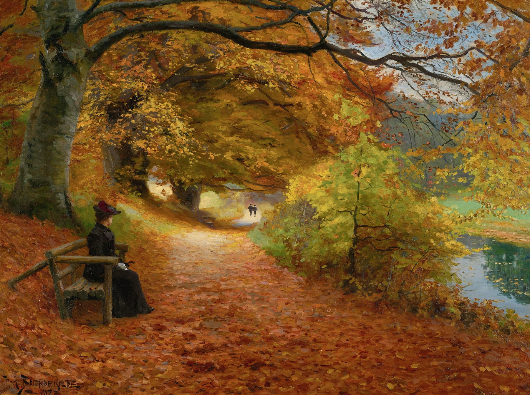 Wooded Path In Autumn by Hans Andersen Brendekilde, oil painting depicting a vibrant autumn landscape.