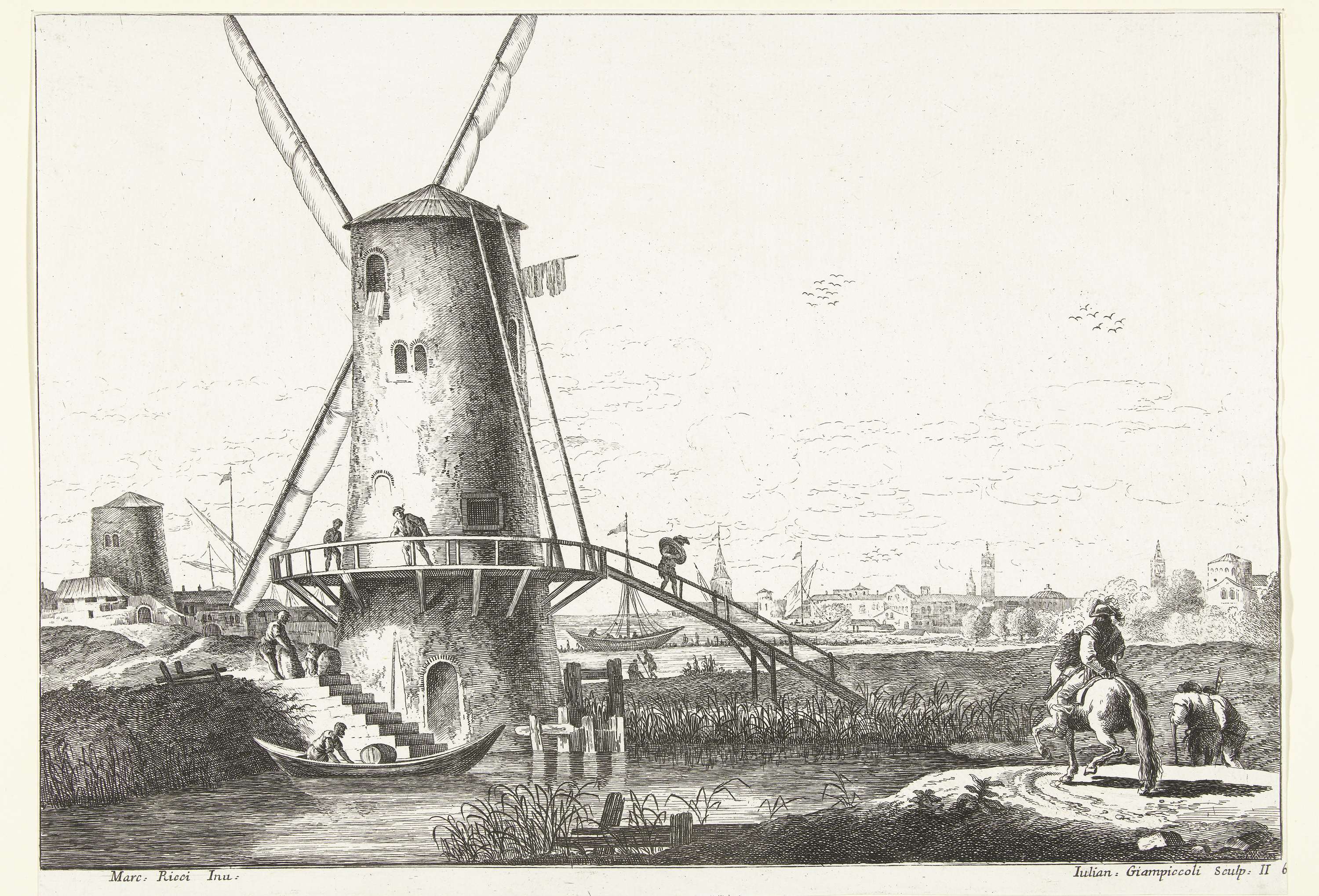 Landschap met molen aan water, etching by Giuliano Giampiccoli depicting a tranquil landscape with a mill.