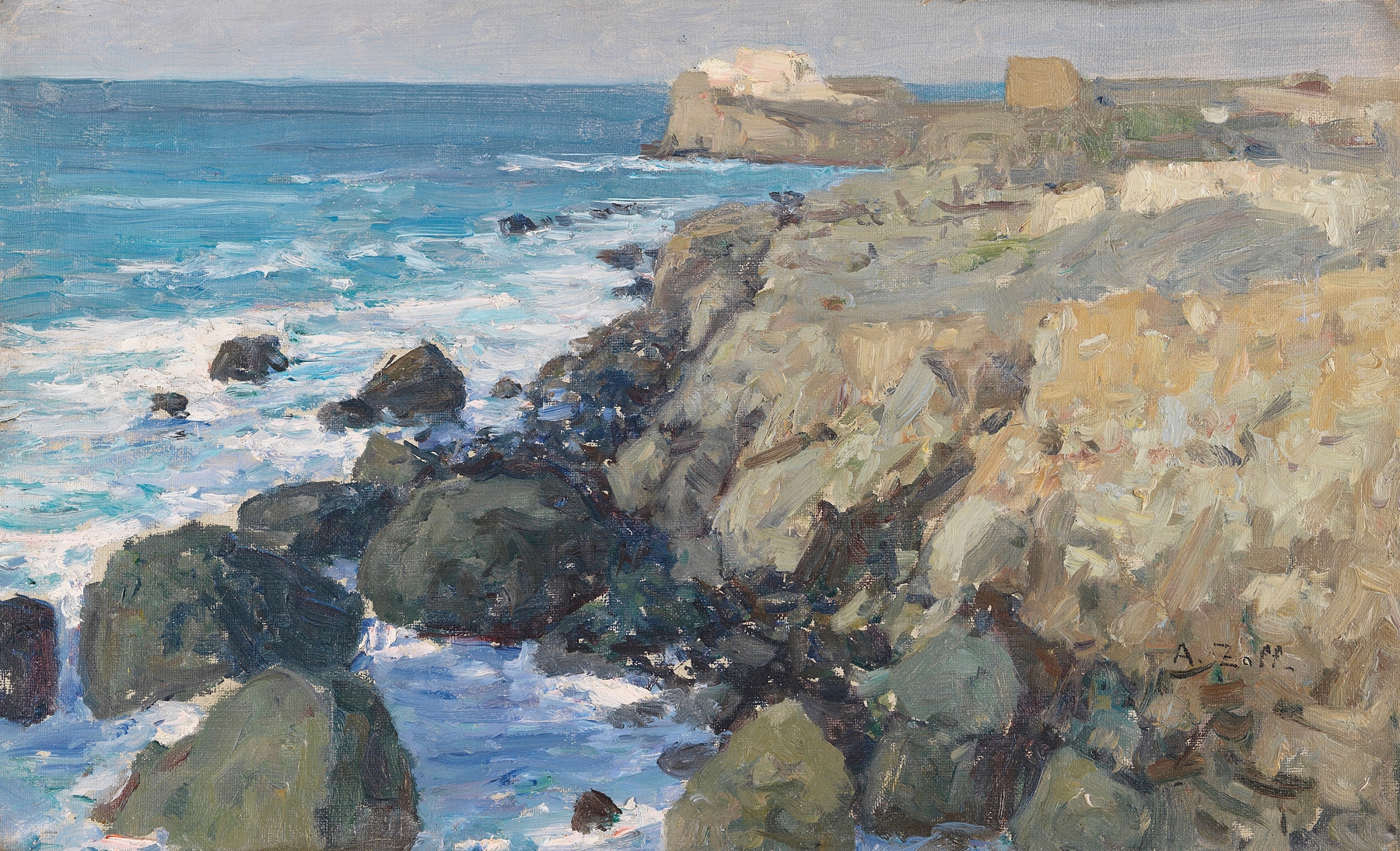 Marine scene by Alfred Zoff, oil painting depicting a tranquil coastline with azure hues.