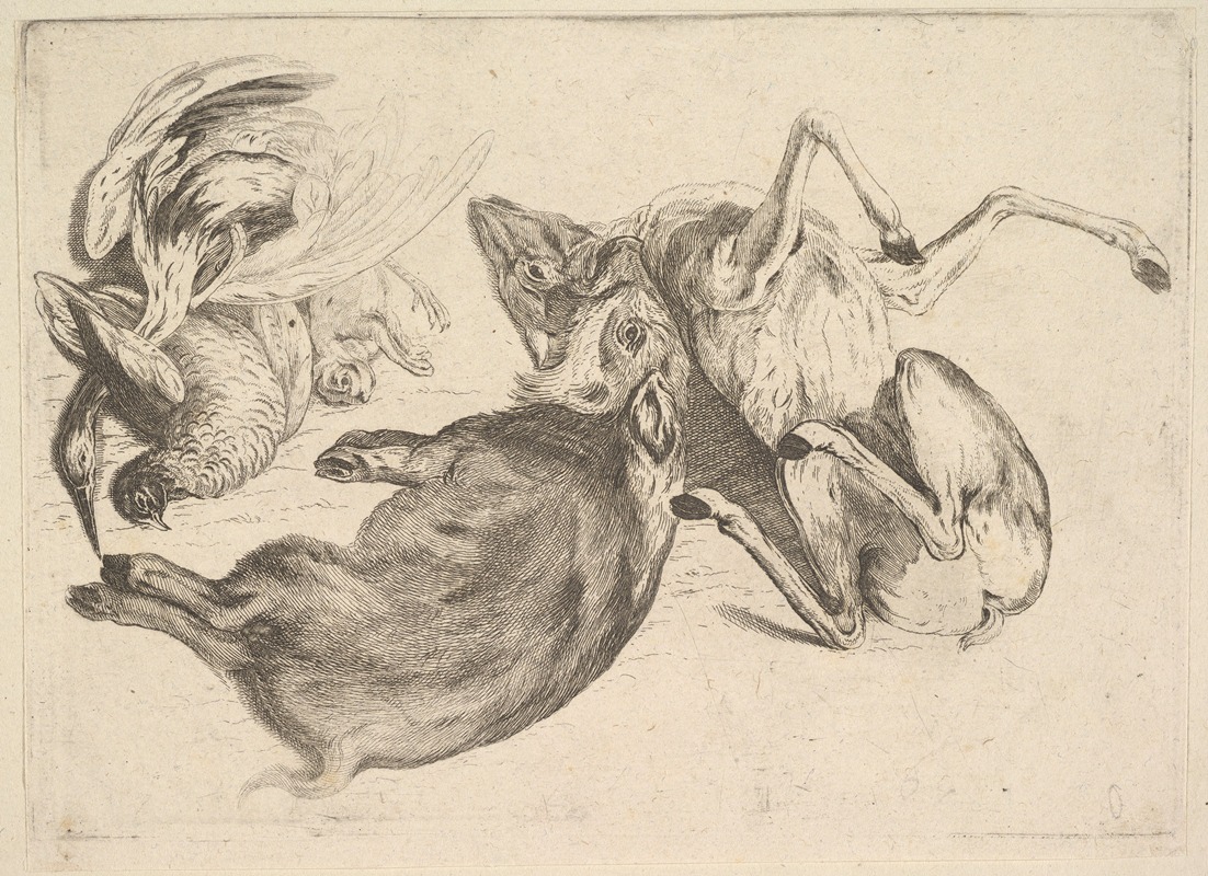 A still life composition featuring a boar, deer, heron, and other game.