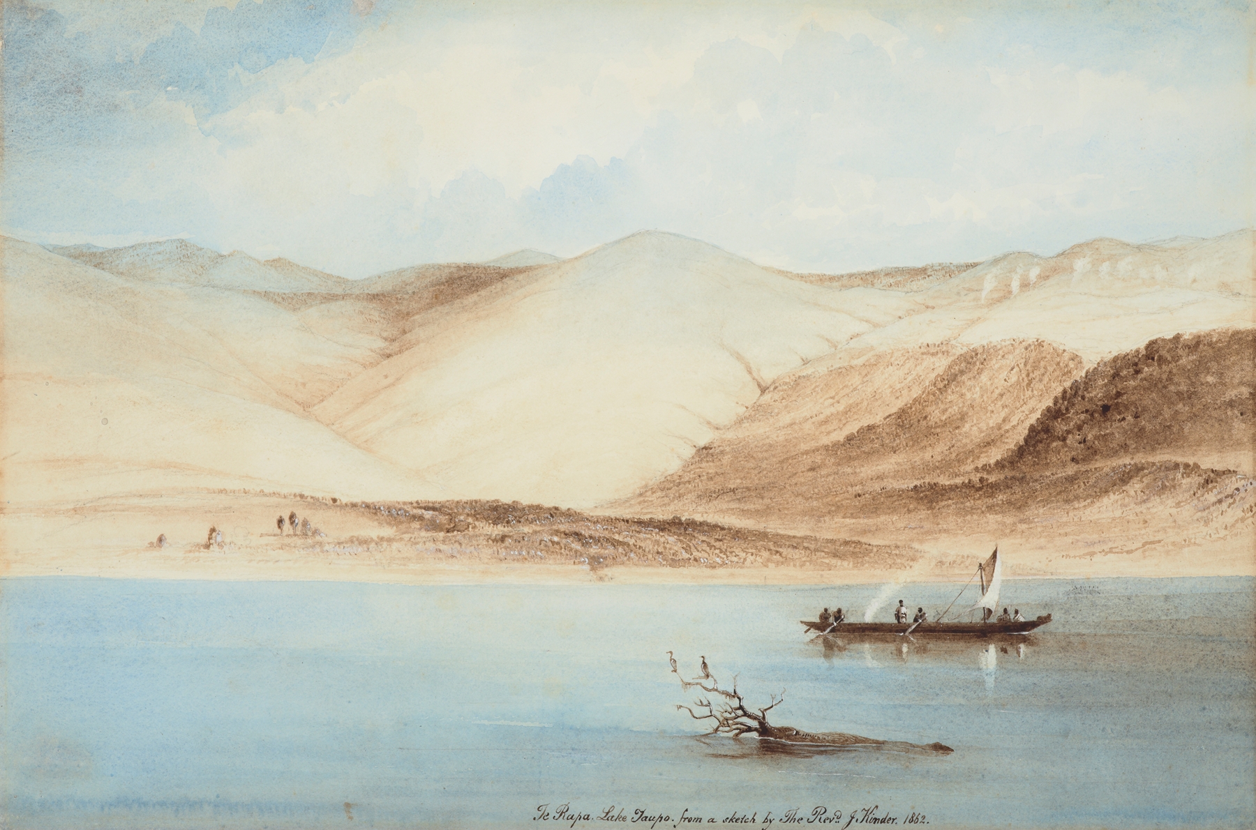 Te Rapa, Lake Taupo by Reverend John Kinder, oil on canvas depicting a serene lake landscape.
