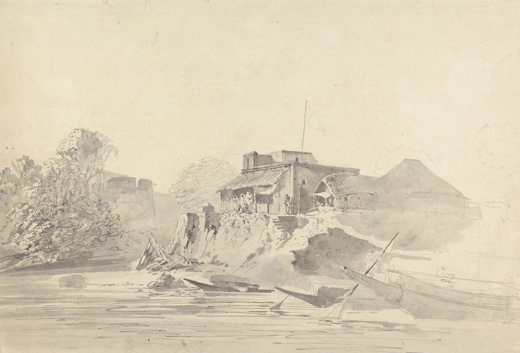 River scene with native buildings, oil painting by Samuel Davis