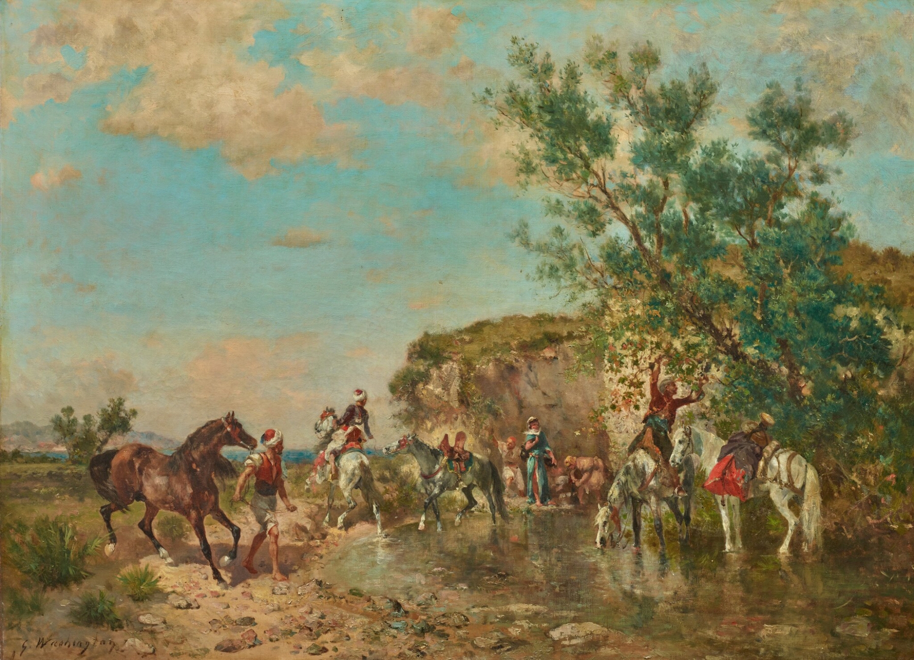 The Watering Place by Georges Washington, realism, depicting figures in a tranquil landscape