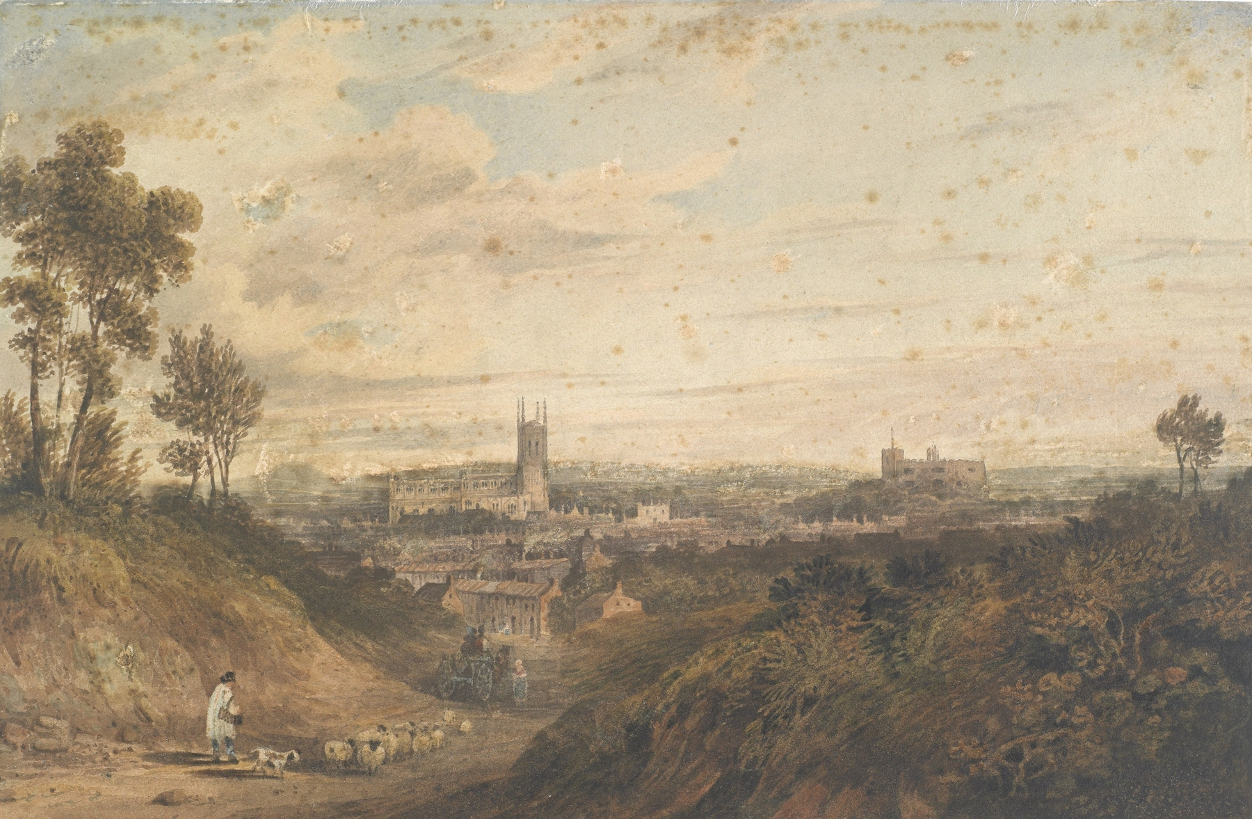 Ludlow Church by Paul Sandby Munn, oil painting depicting a church in a muted landscape.