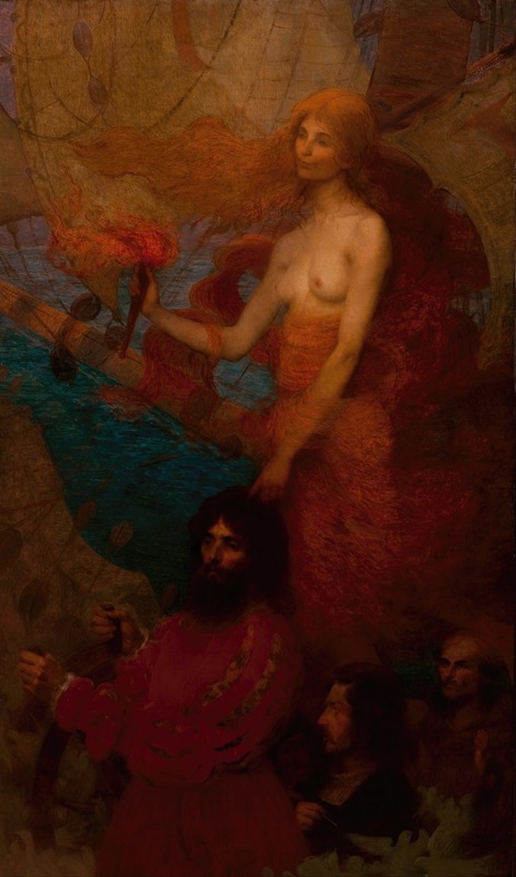 This painting depicts the historical moment of Cabral's discovery guided by Providence.