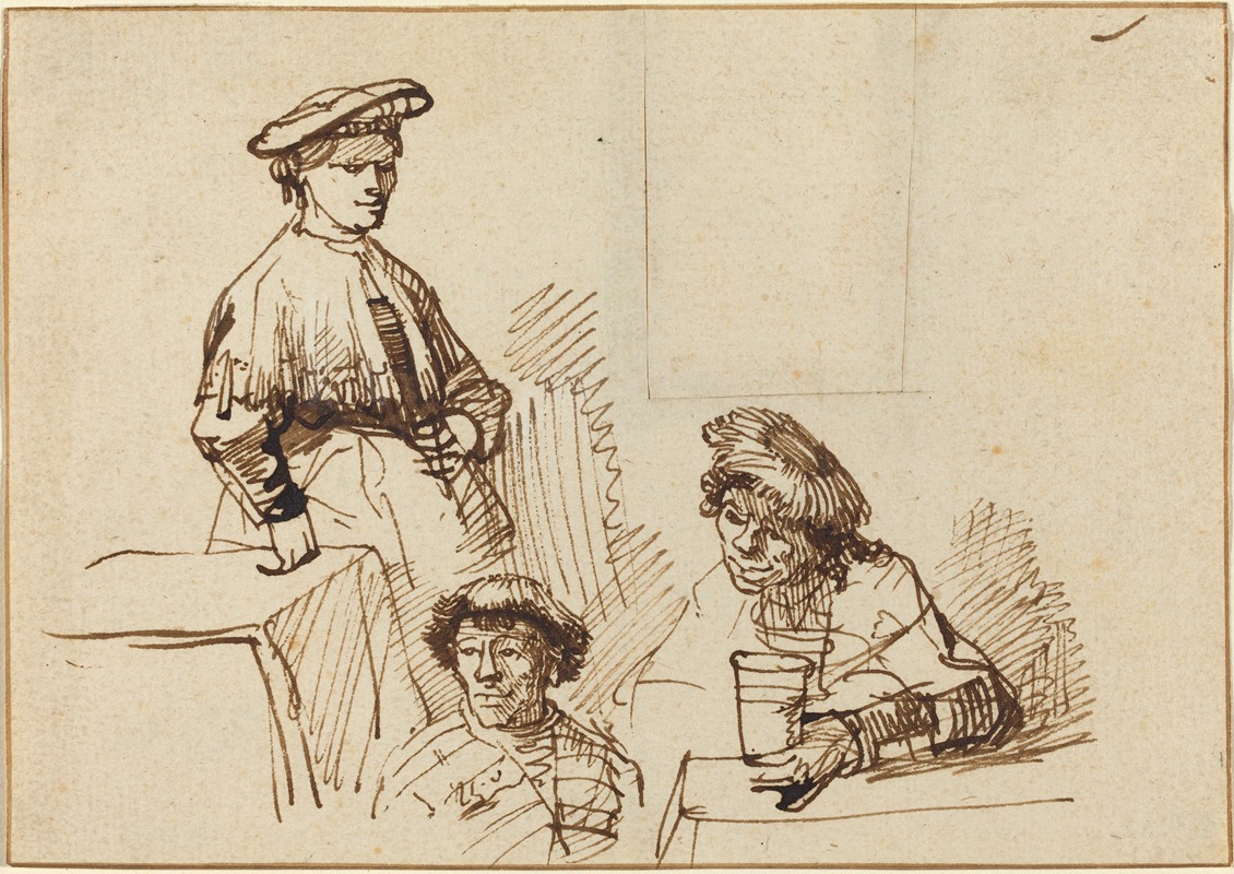A scene depicting a woman standing with two seated men in a tavern setting.