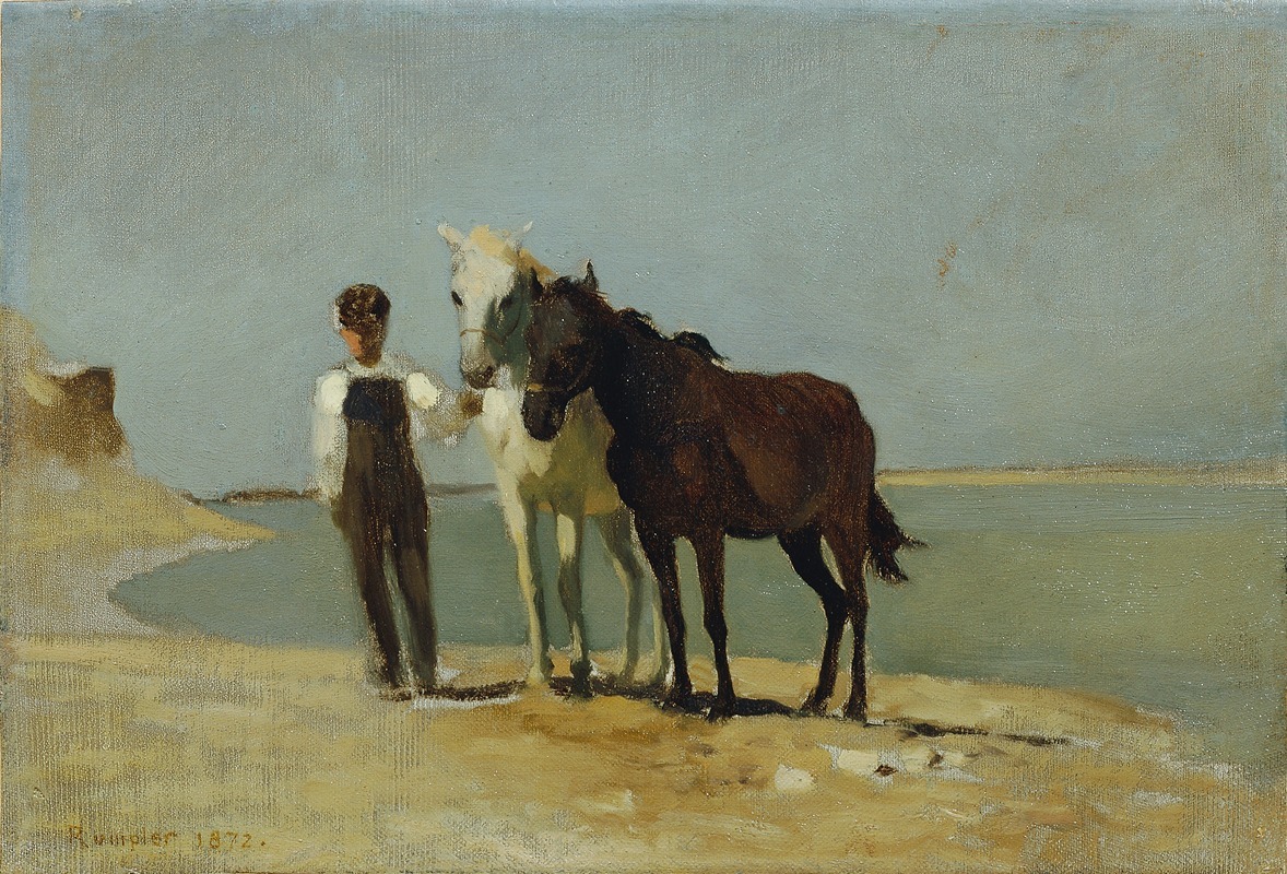 A boy with horses on the beach by Franz Rumpler.