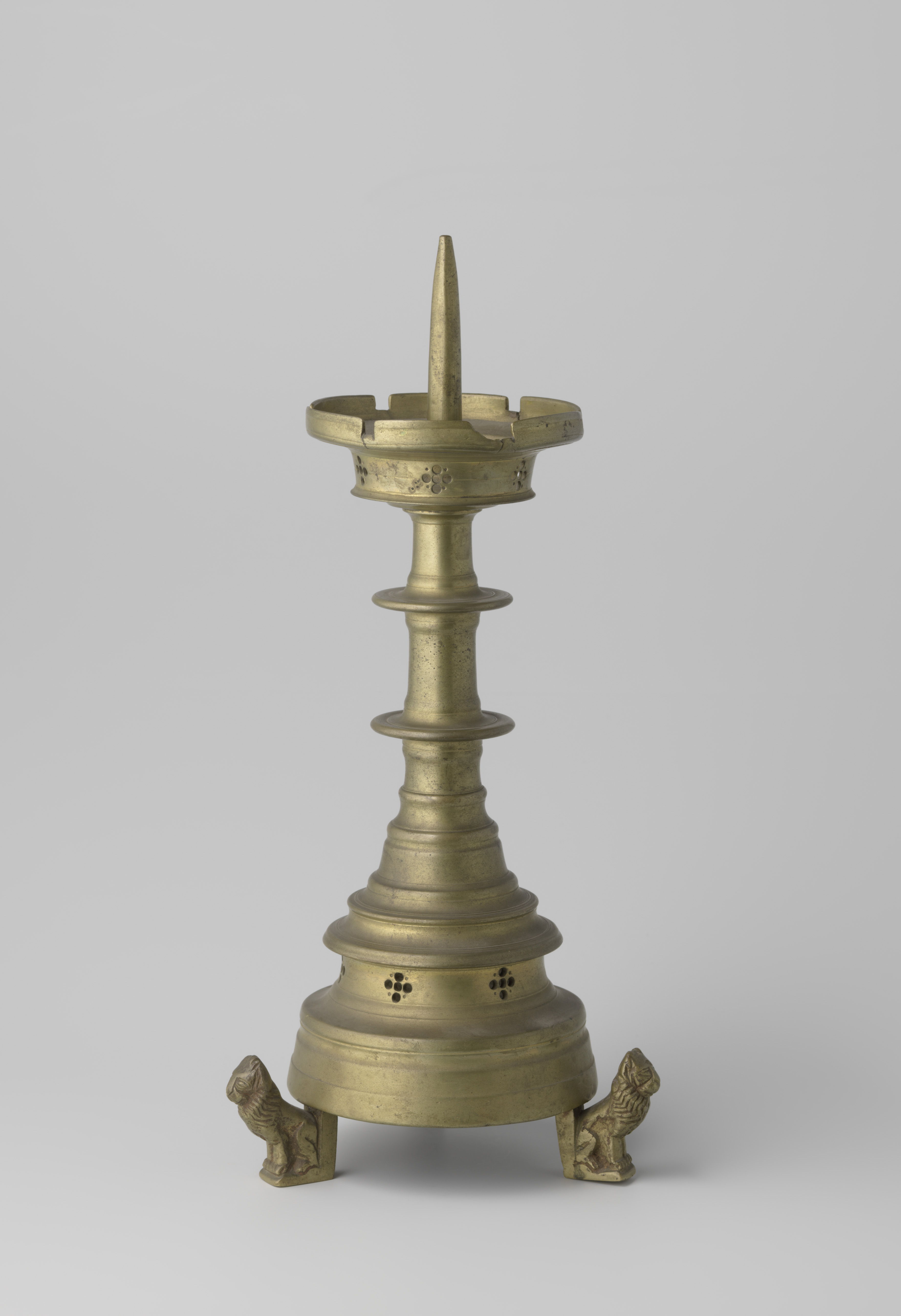 Gothic candlestick with three lion figures, metalwork, Unknown Artist