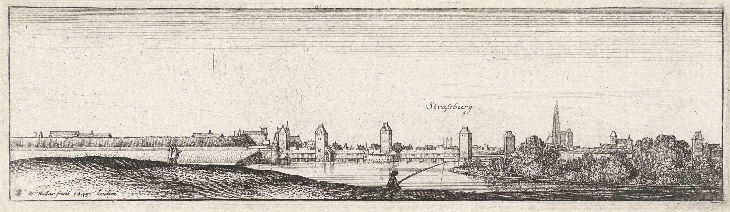 Rivierlandschap met gezicht op Straatsburg, etching by Wenceslaus Hollar depicting a serene river landscape.