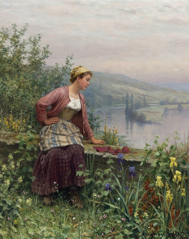 A young girl in Brittany gazes thoughtfully over a serene stream.