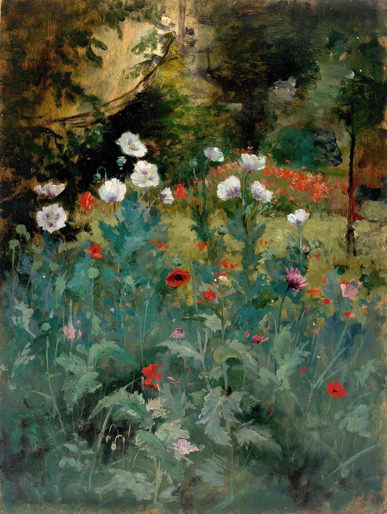 Poppies by Eliphalet Fraser Andrews, oil painting depicting vibrant red flowers.