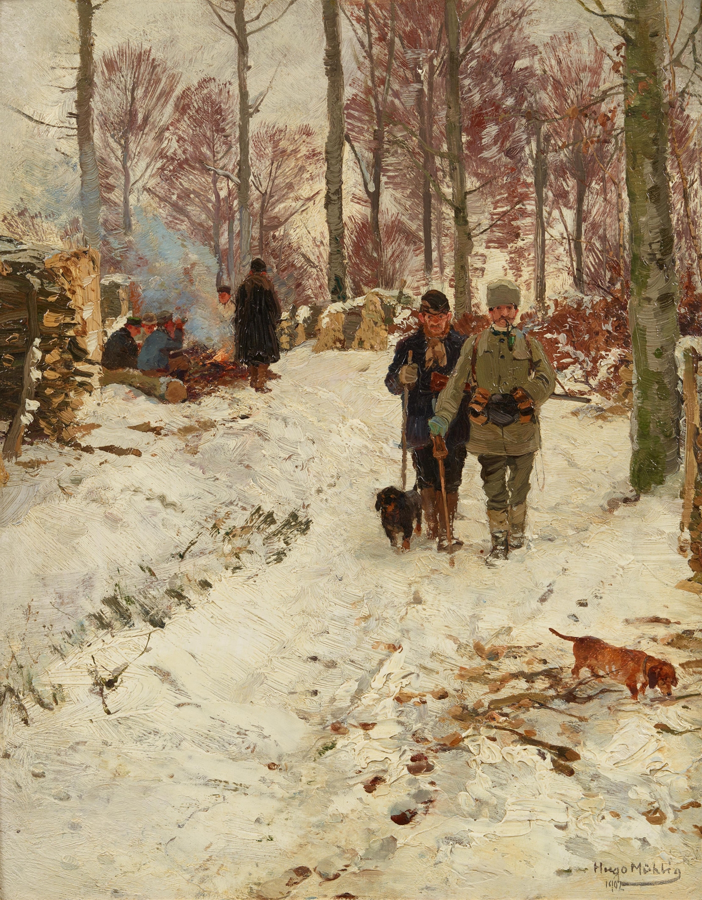 Hunter resting against a tree in Jagdpause by Hugo Mühlig, oil on canvas