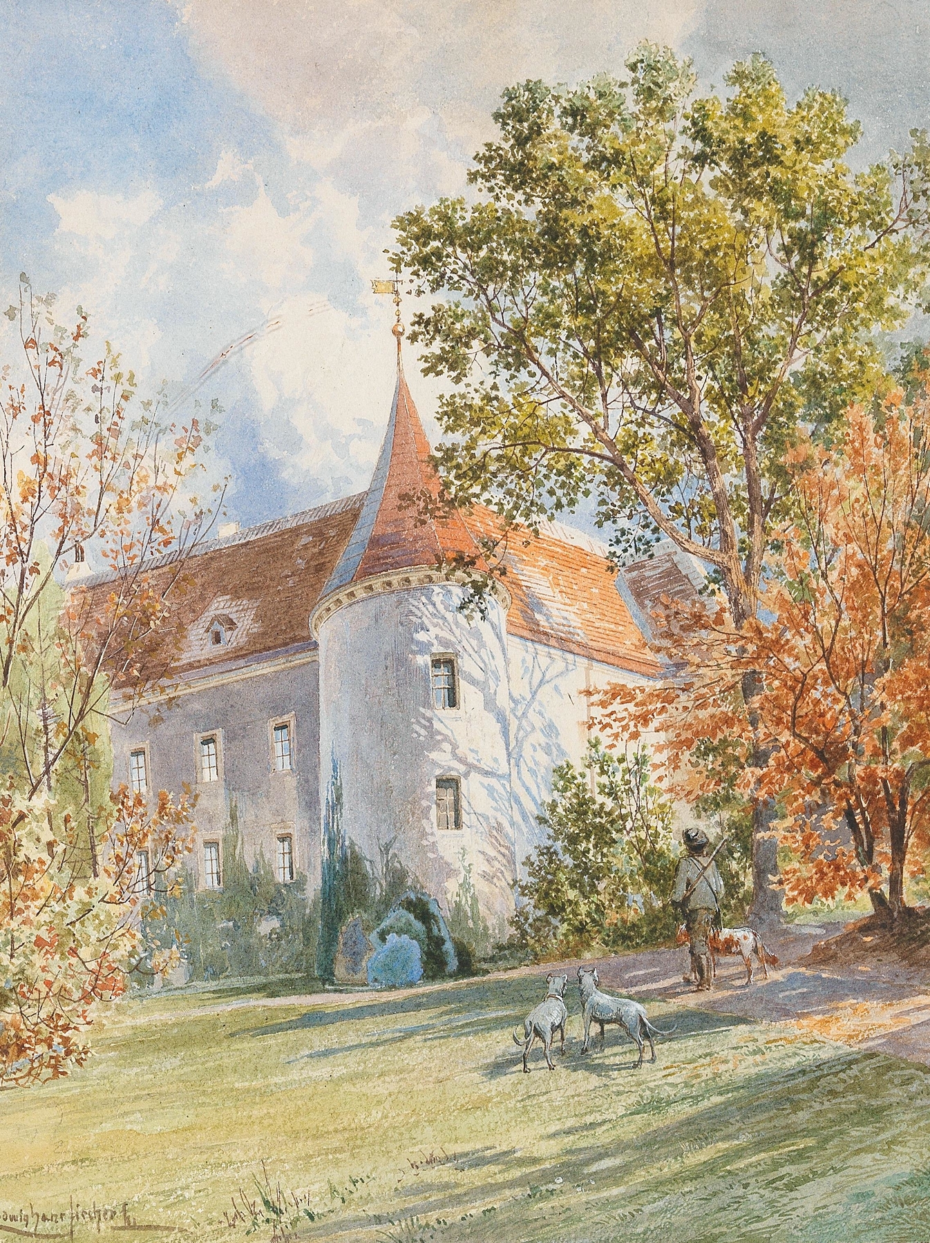 Landscape oil painting by Ludwig Hans Fischer featuring a hunting lodge in autumn sunlight.