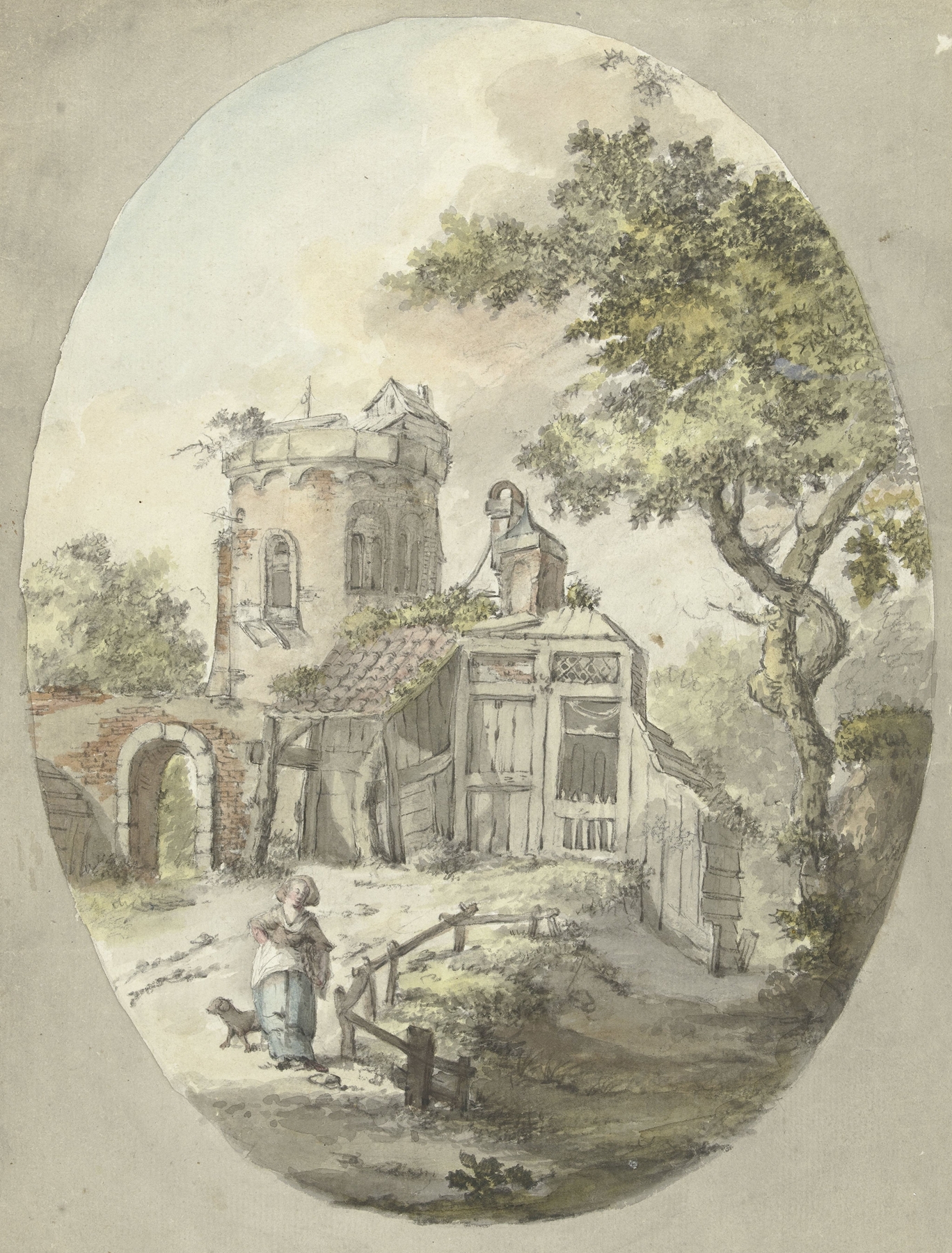 Figurative scene with a woman and dog near ruins, oil painting by Pieter Bartholomeusz. Barbiers