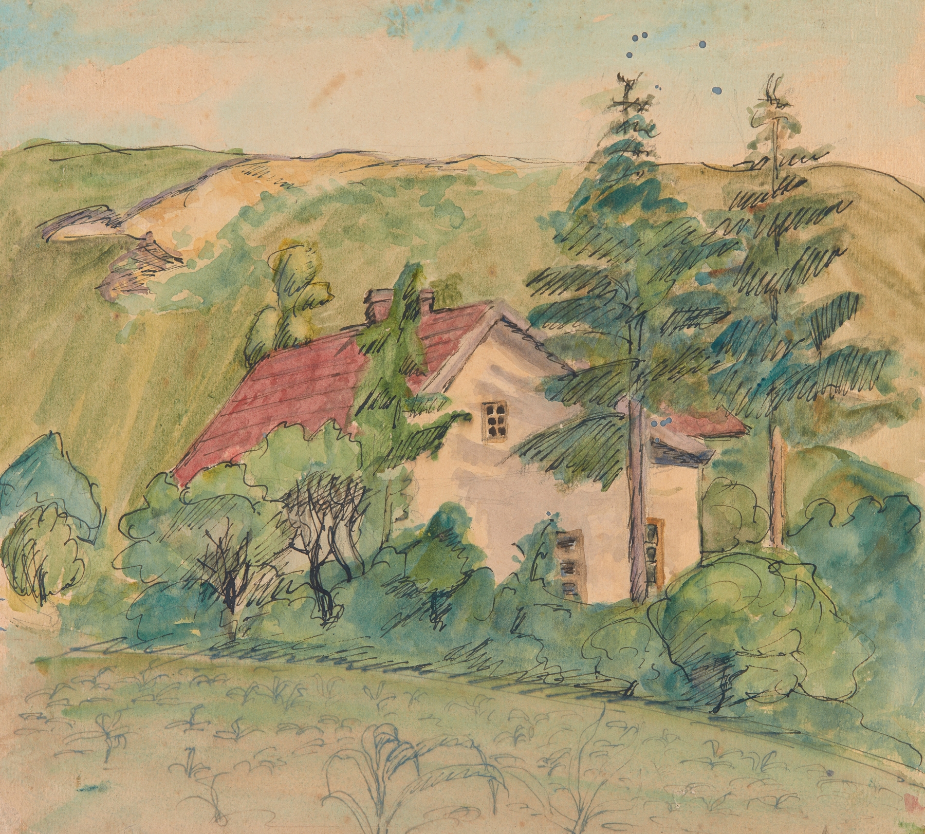 Landscape oil painting by Sofija Paraszczuk featuring a house among trees and a hill.