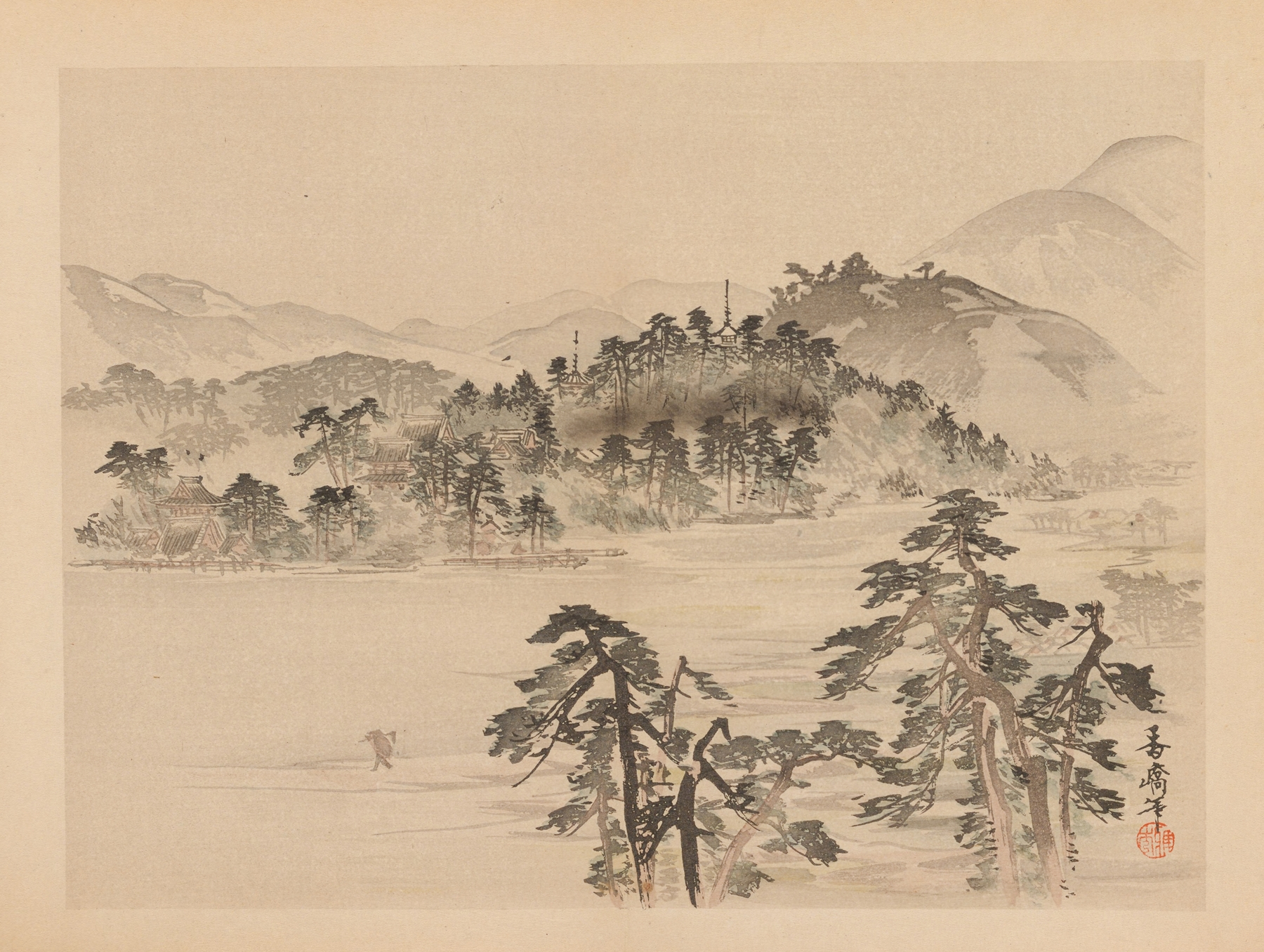 Landscape with figures in traditional attire, ink on paper by Unknown Artist