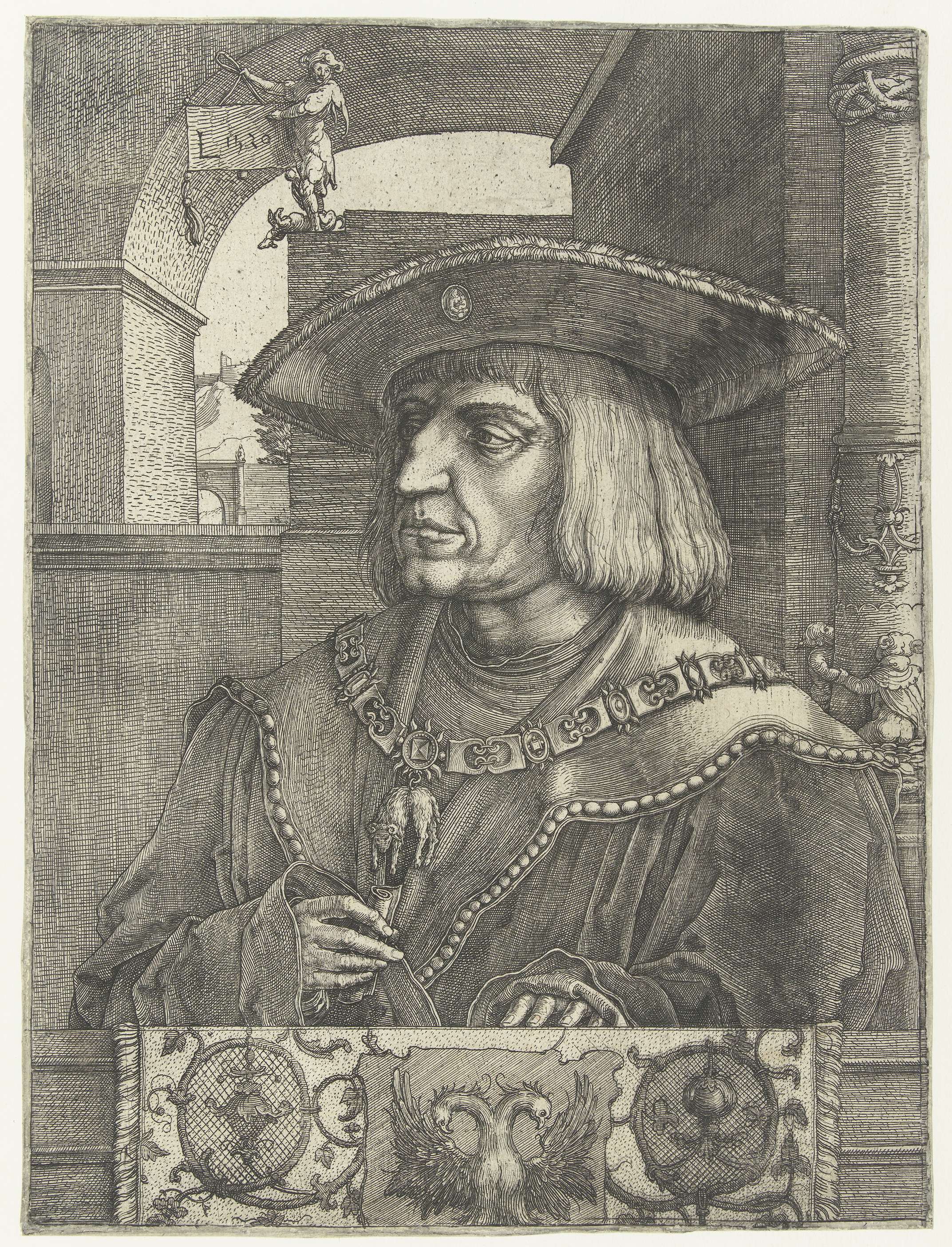 Engraving of Maximilian I by Lucas van Leyden, featuring intricate details