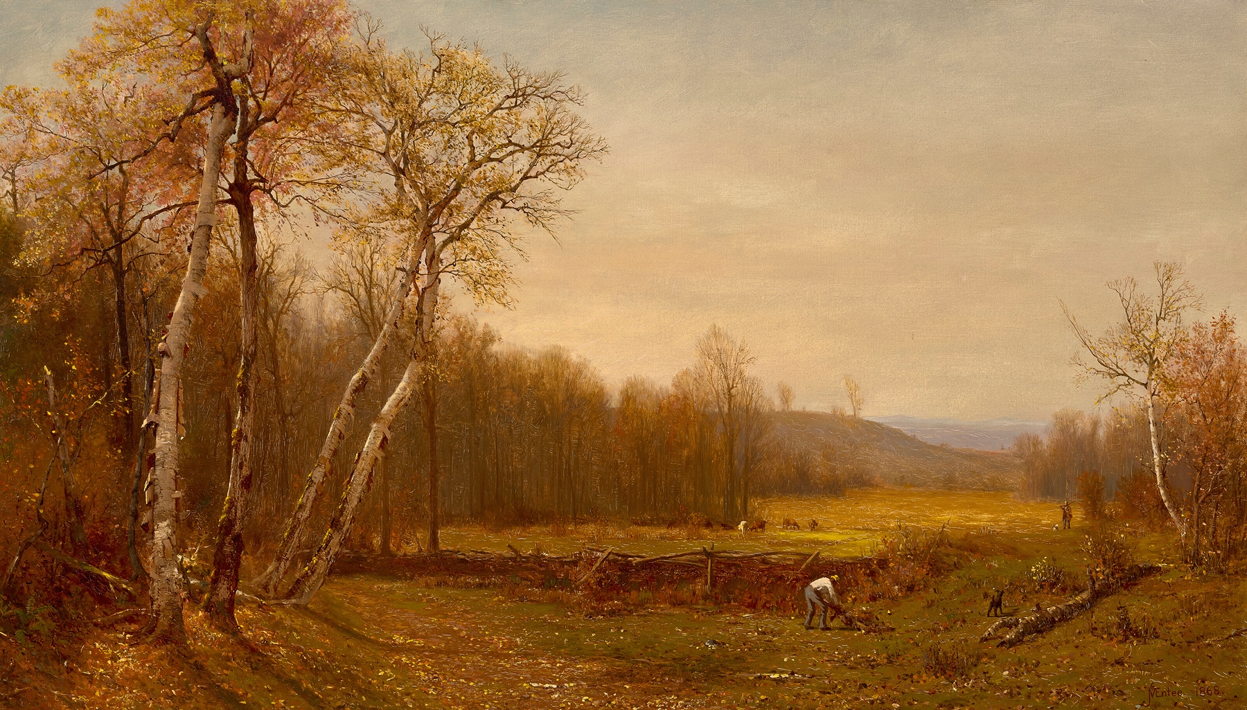 Autumn Scene by Jervis McEntee, oil painting depicting a river and vibrant autumn trees.