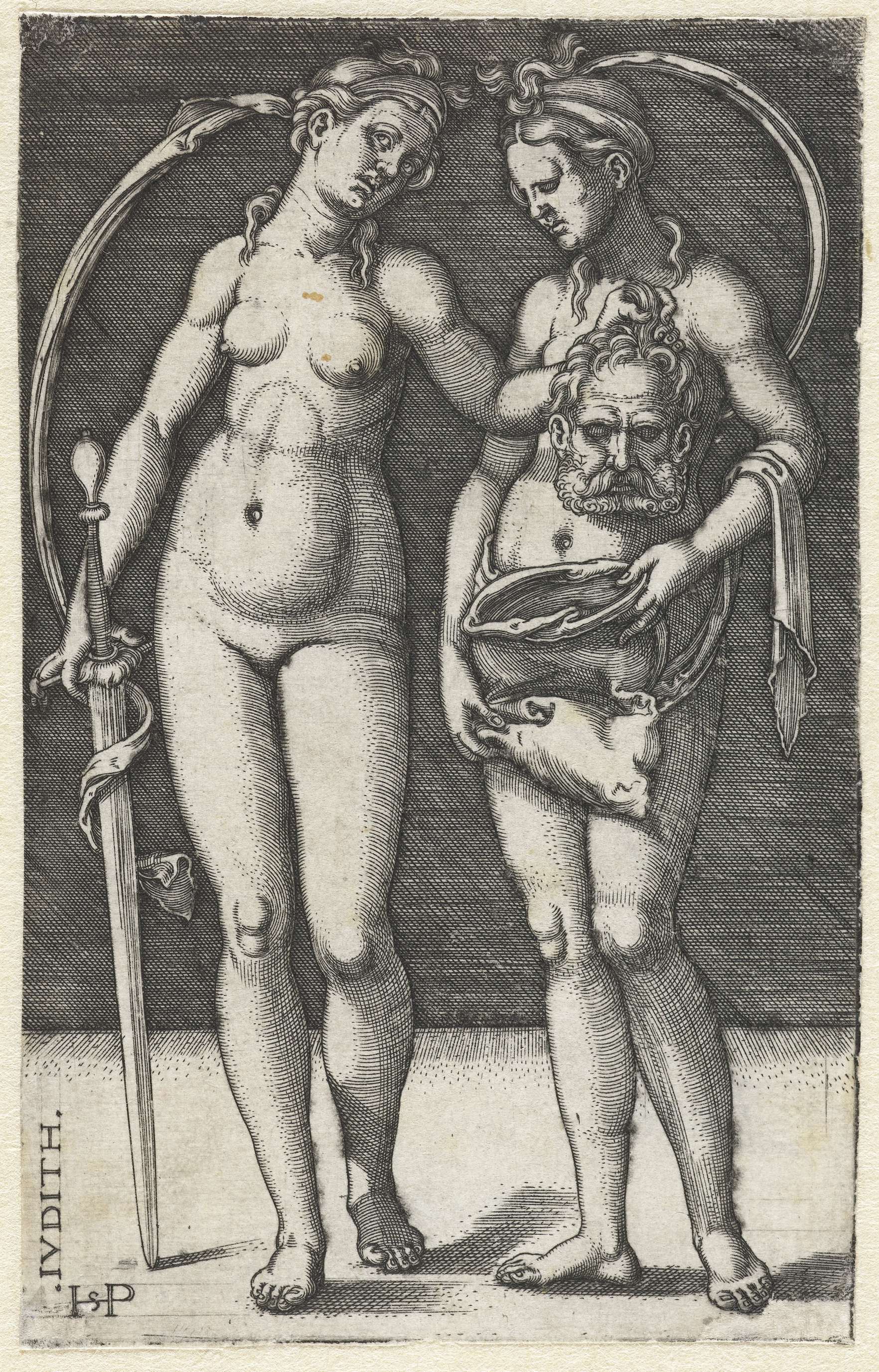 Engraving by Hans Sebald Beham depicting Judith with Holofernes' head and a servant