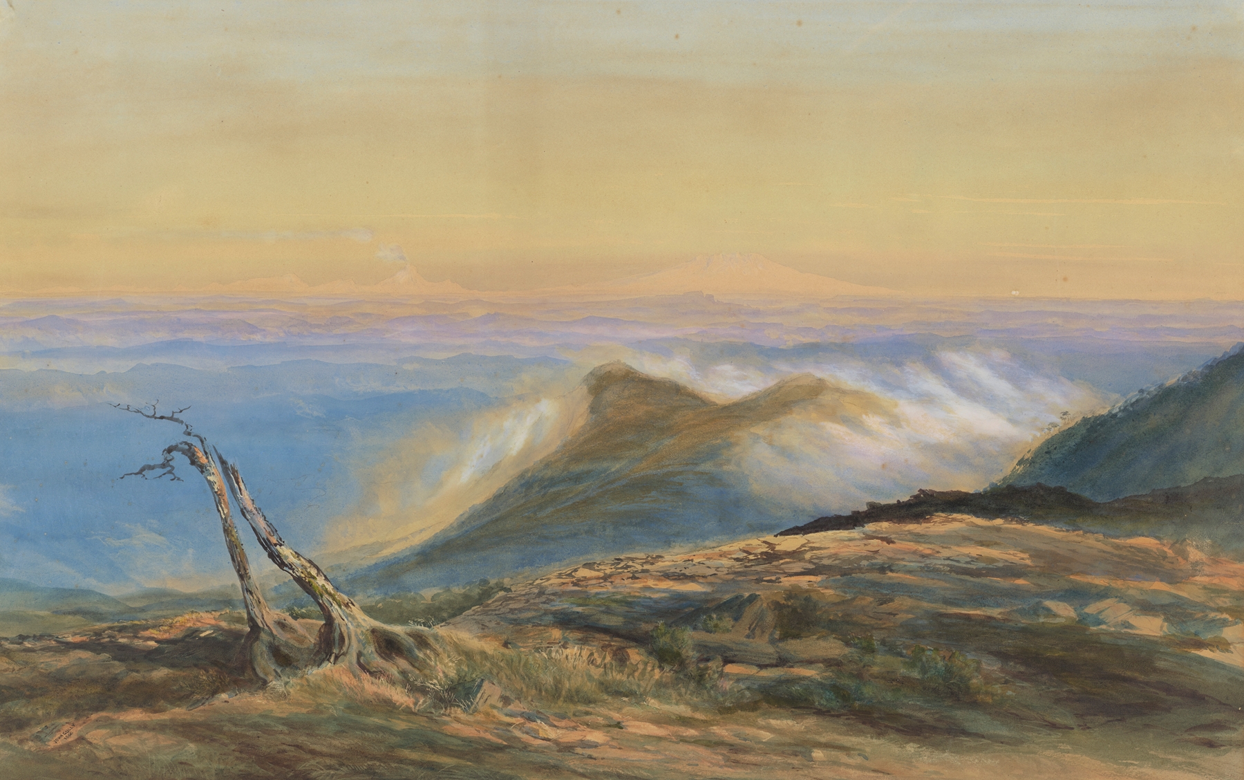 Landscape of Tongariro, Ngauruhoe and Ruapehu, oil on canvas by John Gully