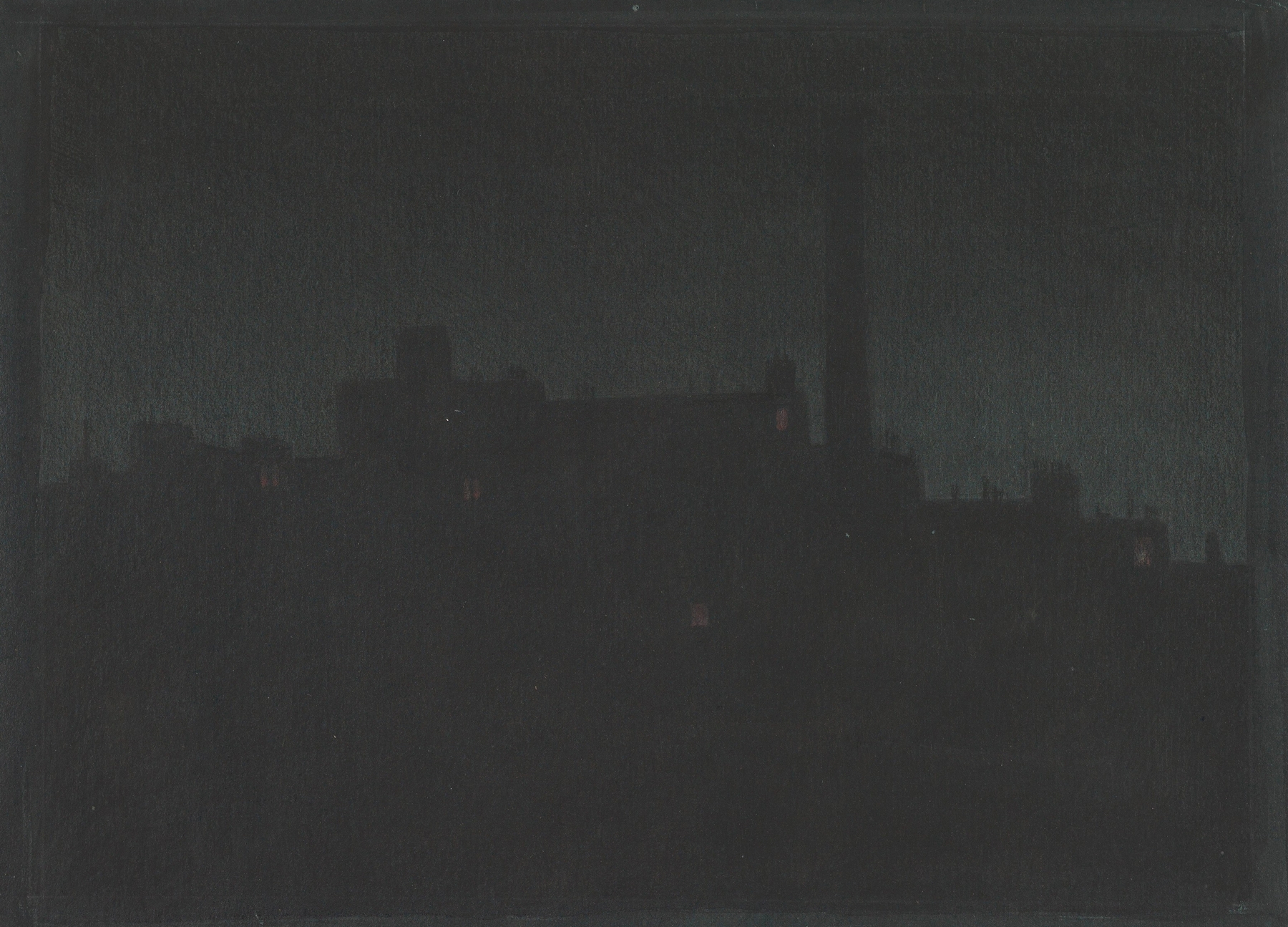 Industrial Buildings At Night by Herbert Crowley, modernism, depicting a night skyline with geometric forms and shadows.