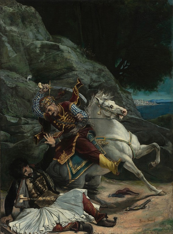 A dramatic depiction of a battle between a Greek and a Turk.
