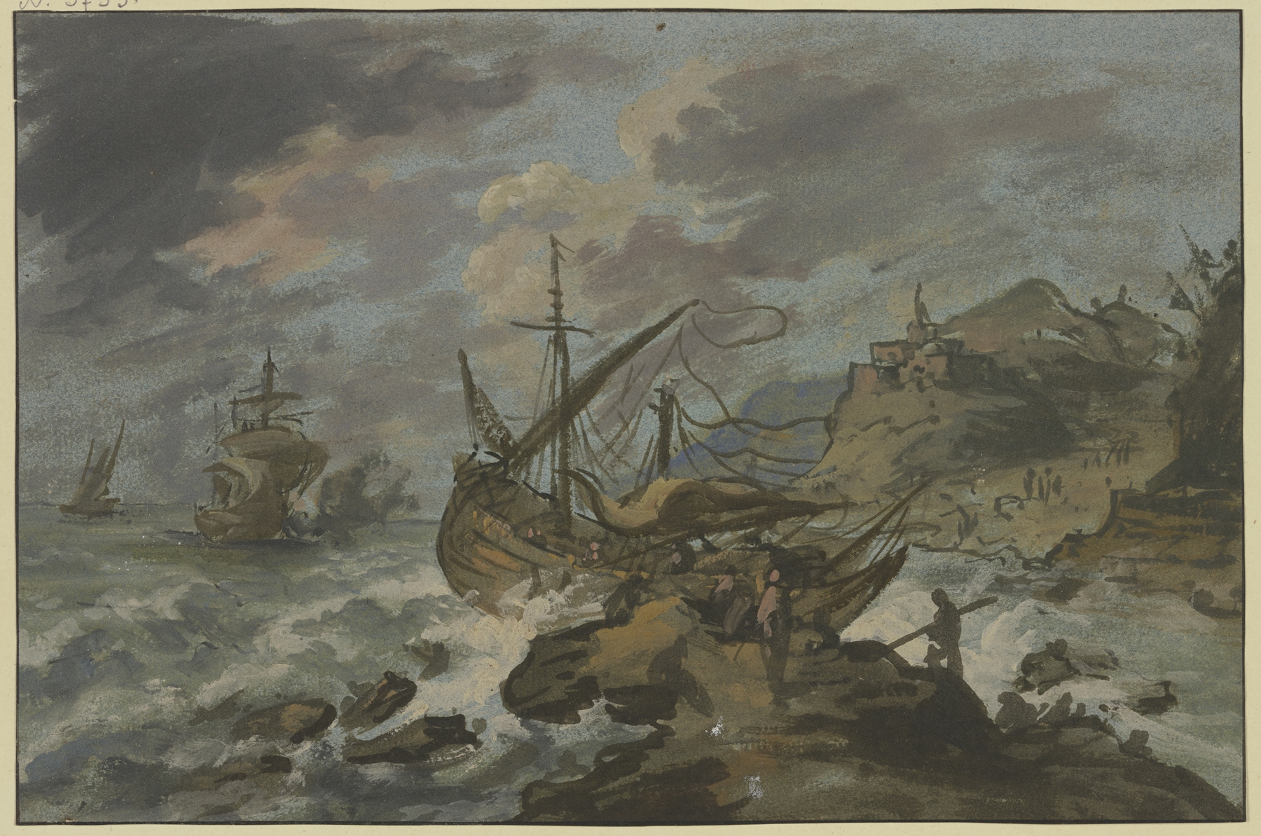 Seesturm an felsiger Küste by Adriaen van der Cabel, oil on canvas showing a shipwreck on a stormy coast