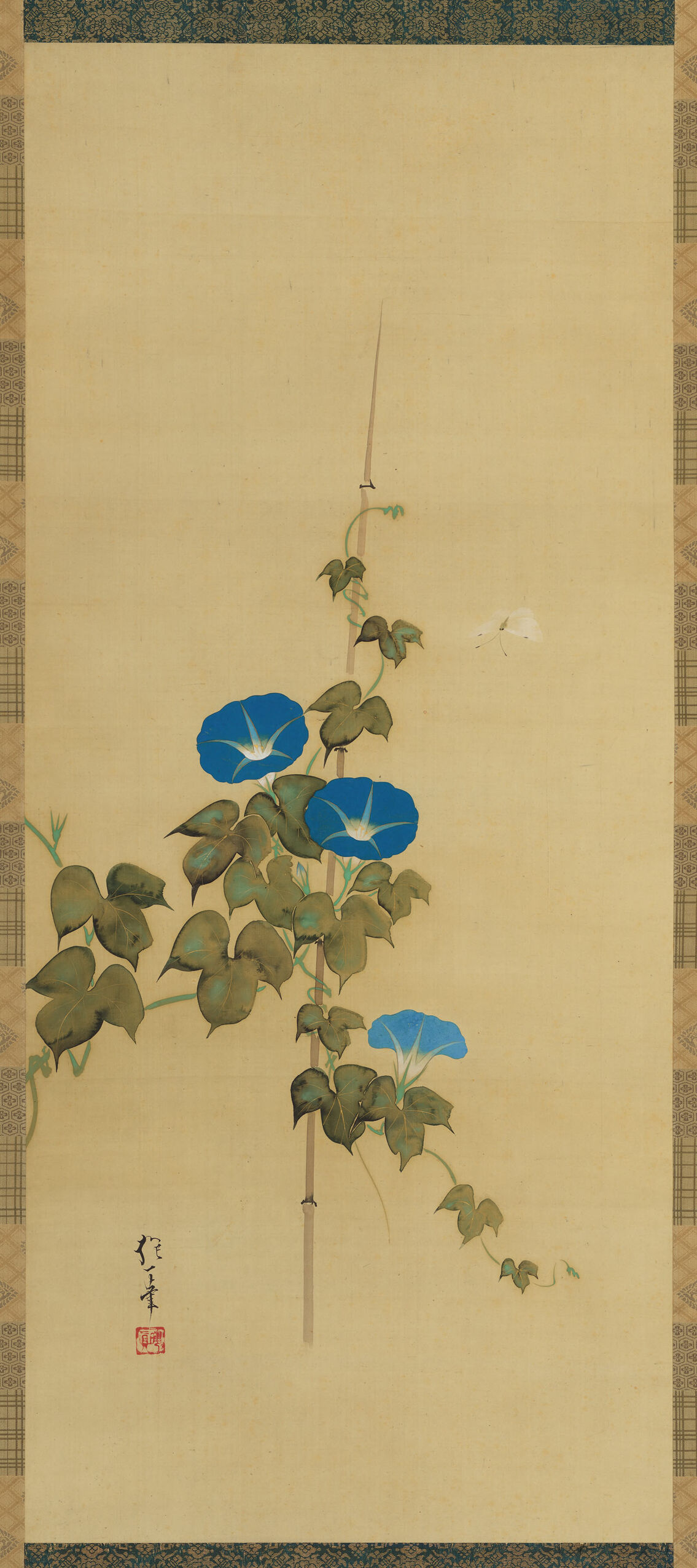 Gold artwork by Sakai Hōitsu featuring morning glories and butterflies