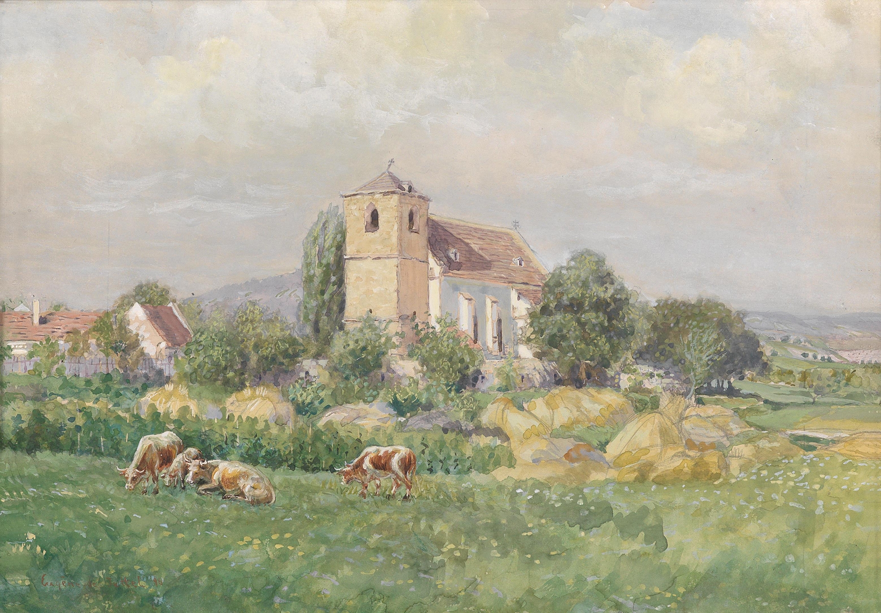Architecture of Kirche in Staatz by Eugen Jettel, oil painting depicting a church at dusk