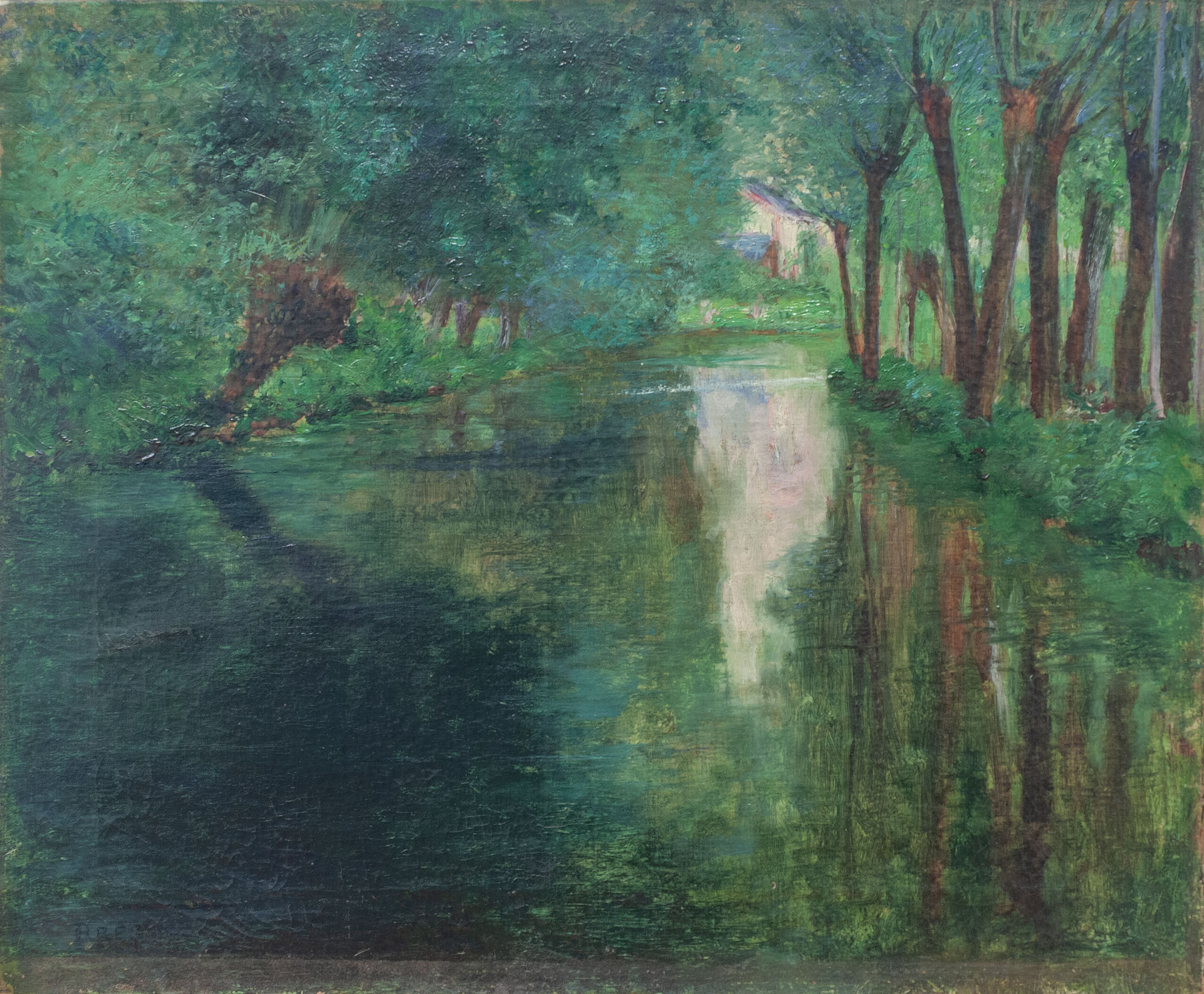 Wooded Stream by John Leslie Breck, oil on canvas depicting a serene forest stream.