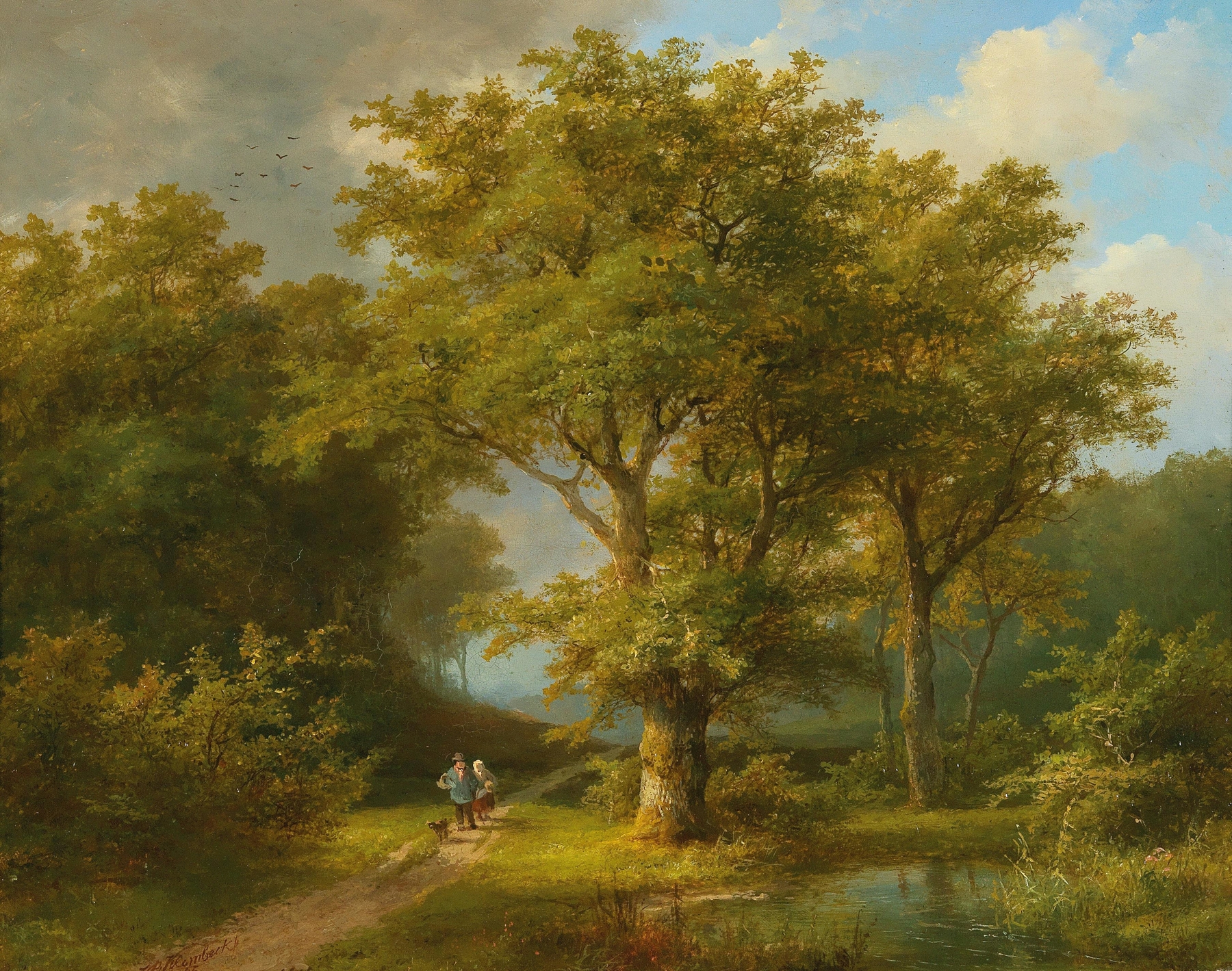 Wooded landscape with a peasant couple returning home, oil painting by Johann Bernhard Klombeck