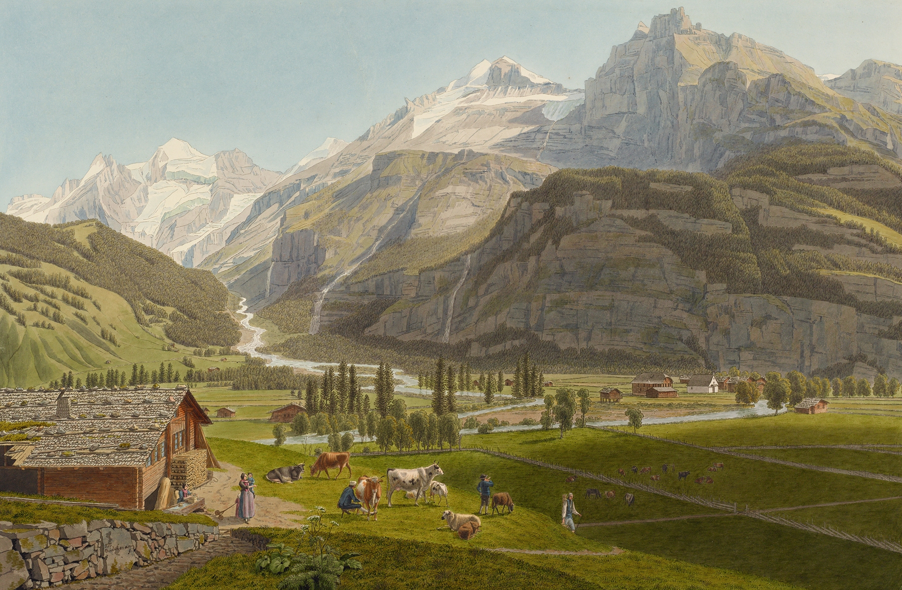Oil painting by Johann Jakob Biedermann depicting mountains and a valley.