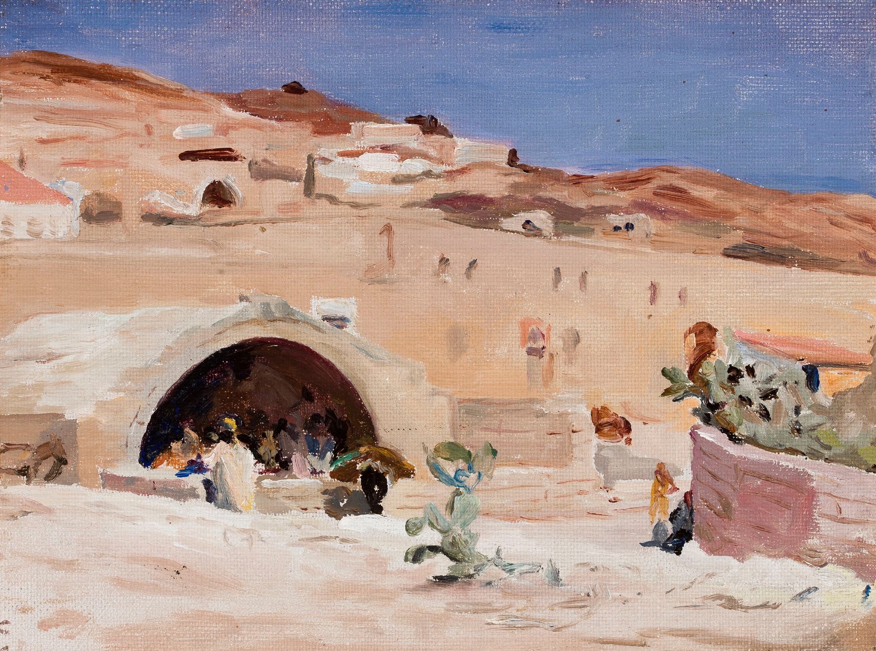 Religious scene featuring a well in earthy hues, oil painting by Jan Ciągliński