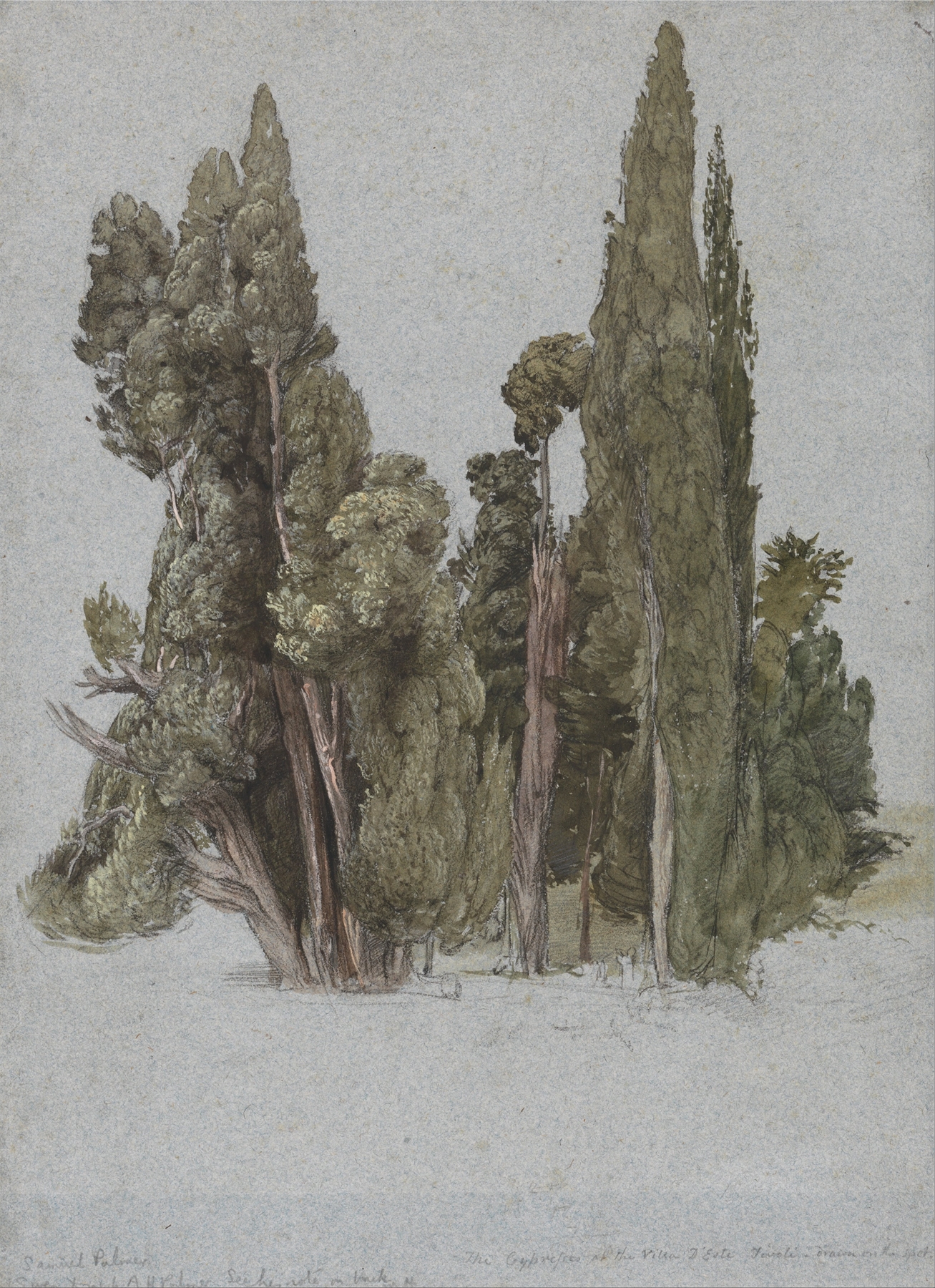 Watercolour by Samuel Palmer depicting cypress trees and a villa at twilight